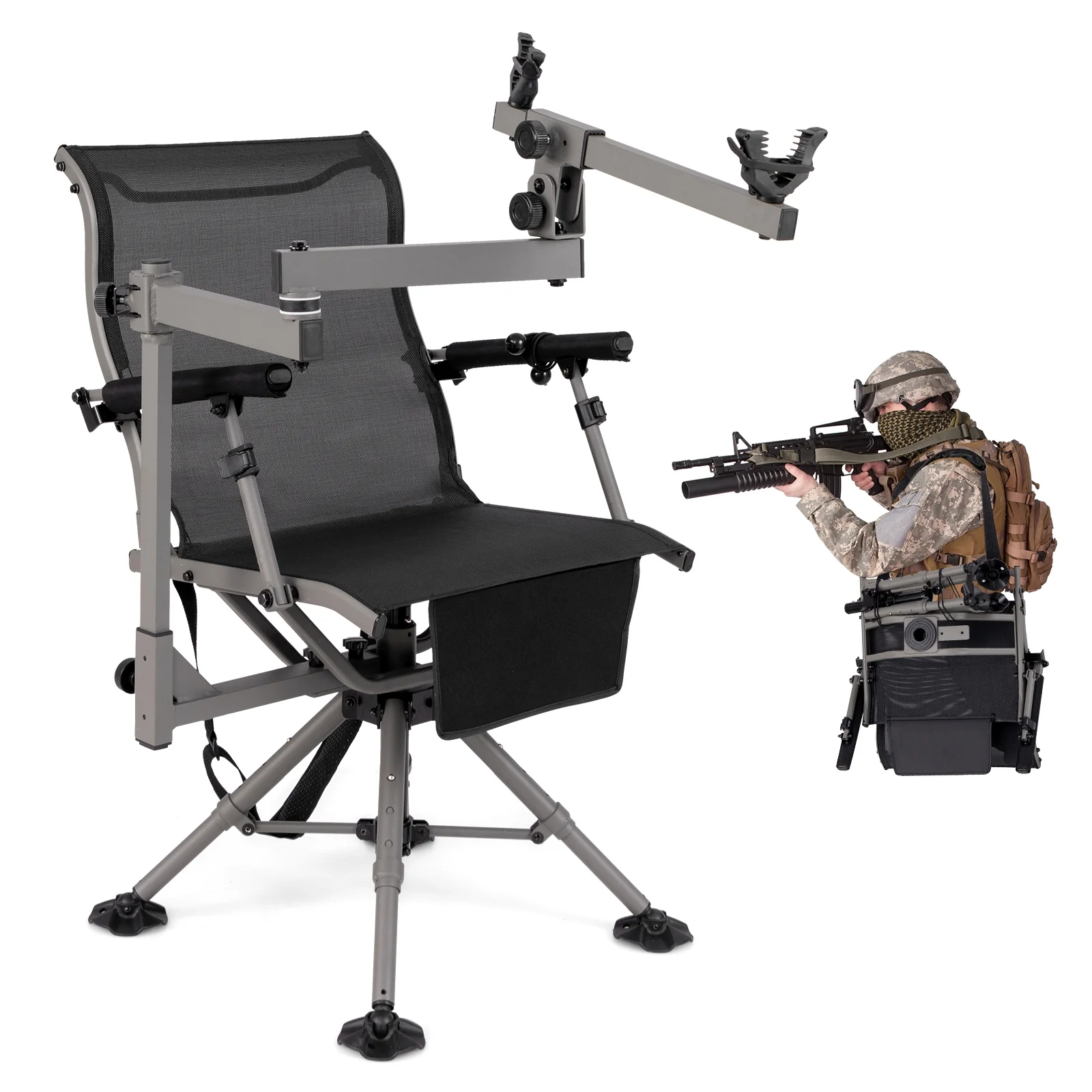 360° Swivel Portable Hunting Chair with Adjustable Legs and Armrests, Black - Image 4