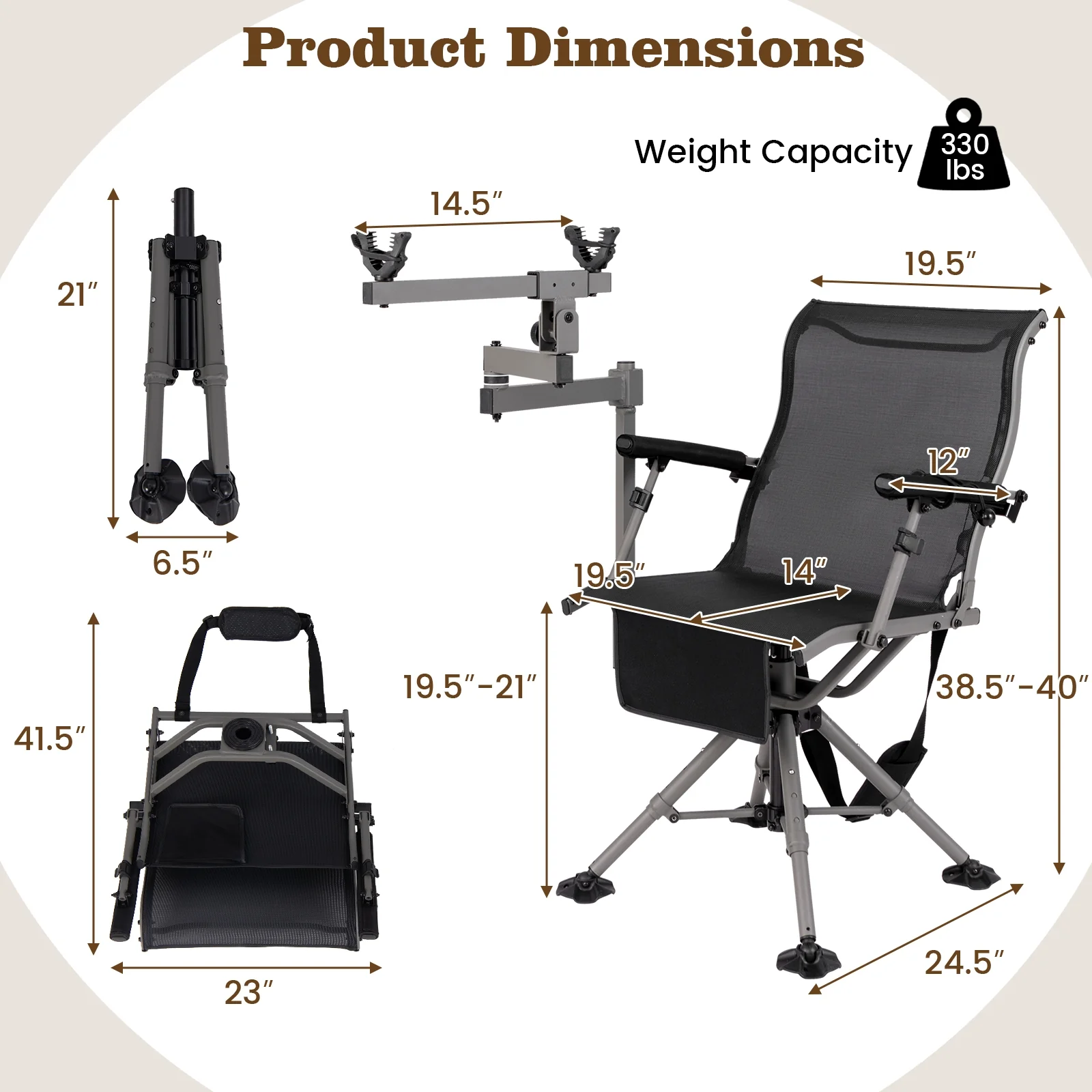 360° Swivel Portable Hunting Chair with Adjustable Legs and Armrests, Black - Image 6