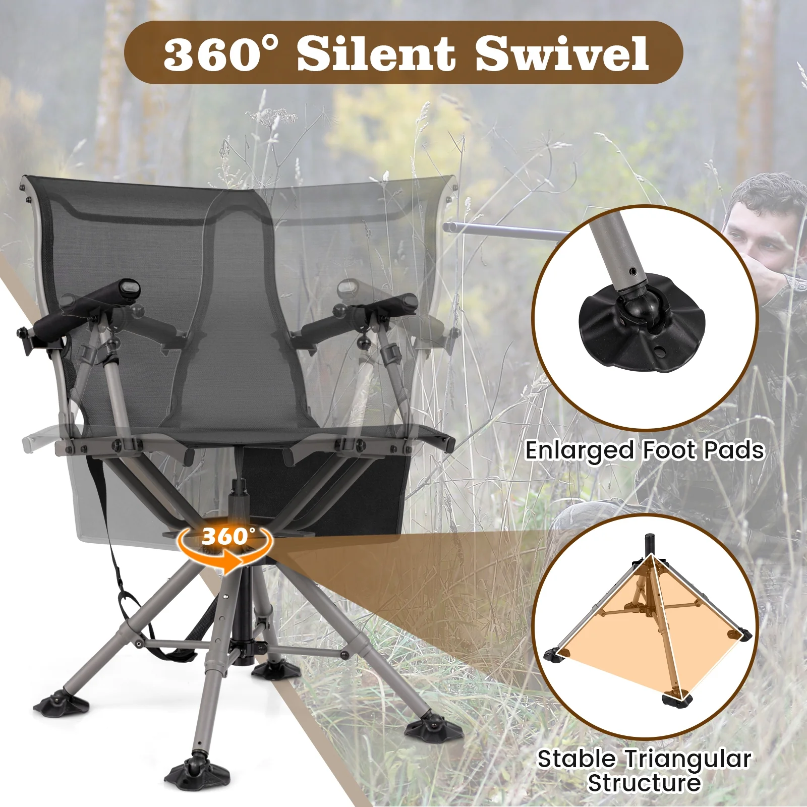 360° Swivel Portable Hunting Chair with Adjustable Legs and Armrests, Black - Image 7