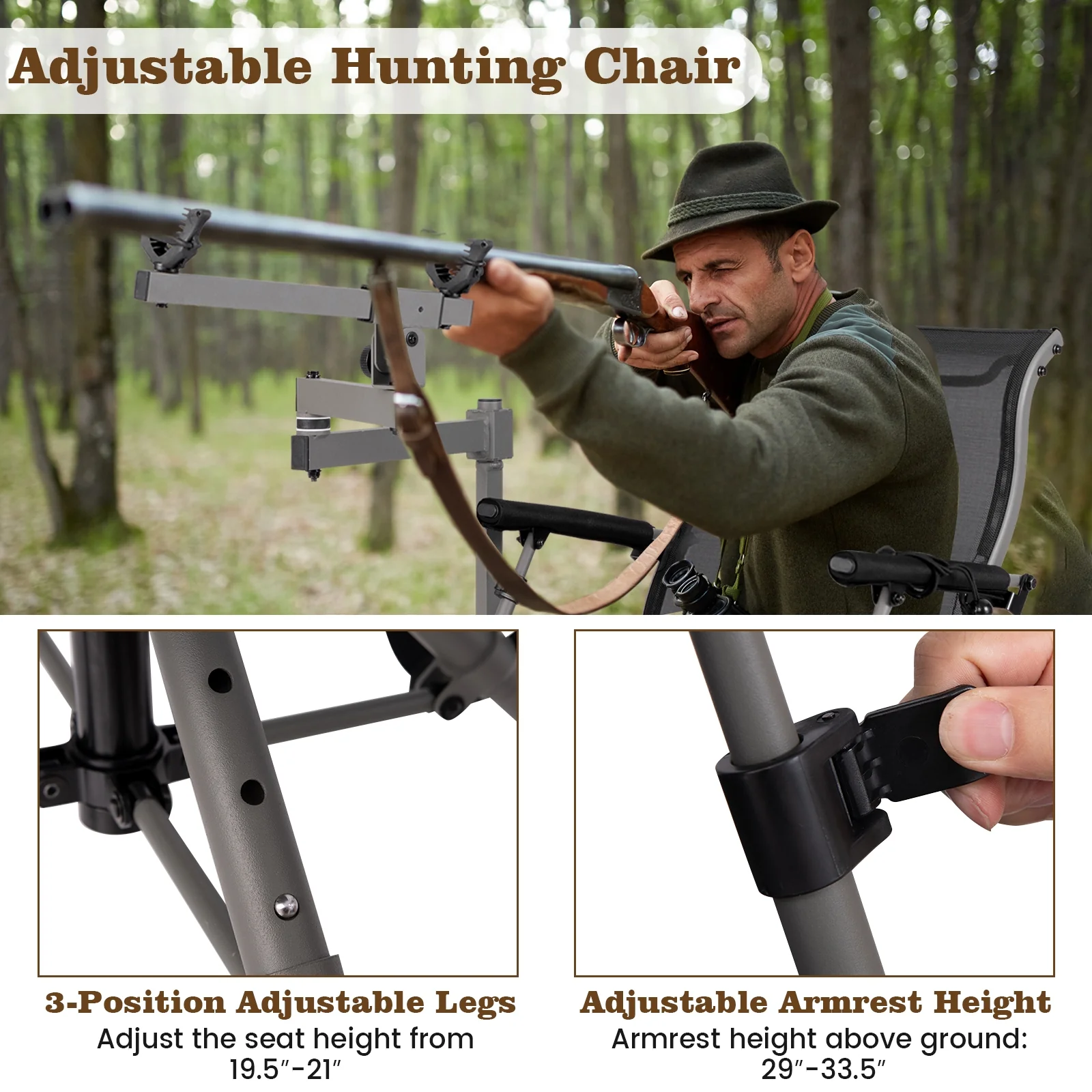 360° Swivel Portable Hunting Chair with Adjustable Legs and Armrests, Black - Image 8