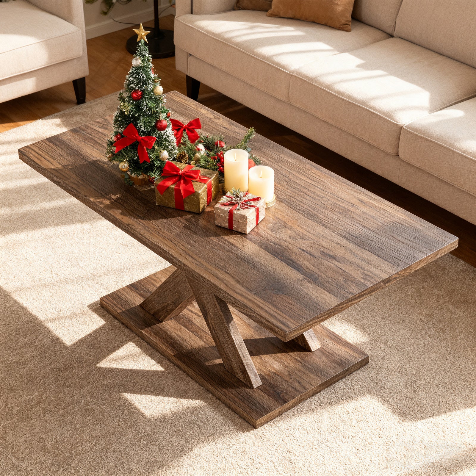 37.5 Inch Rectangular Coffee Table, Stable Base, Rubber Wood Connection, Brown - Image 8