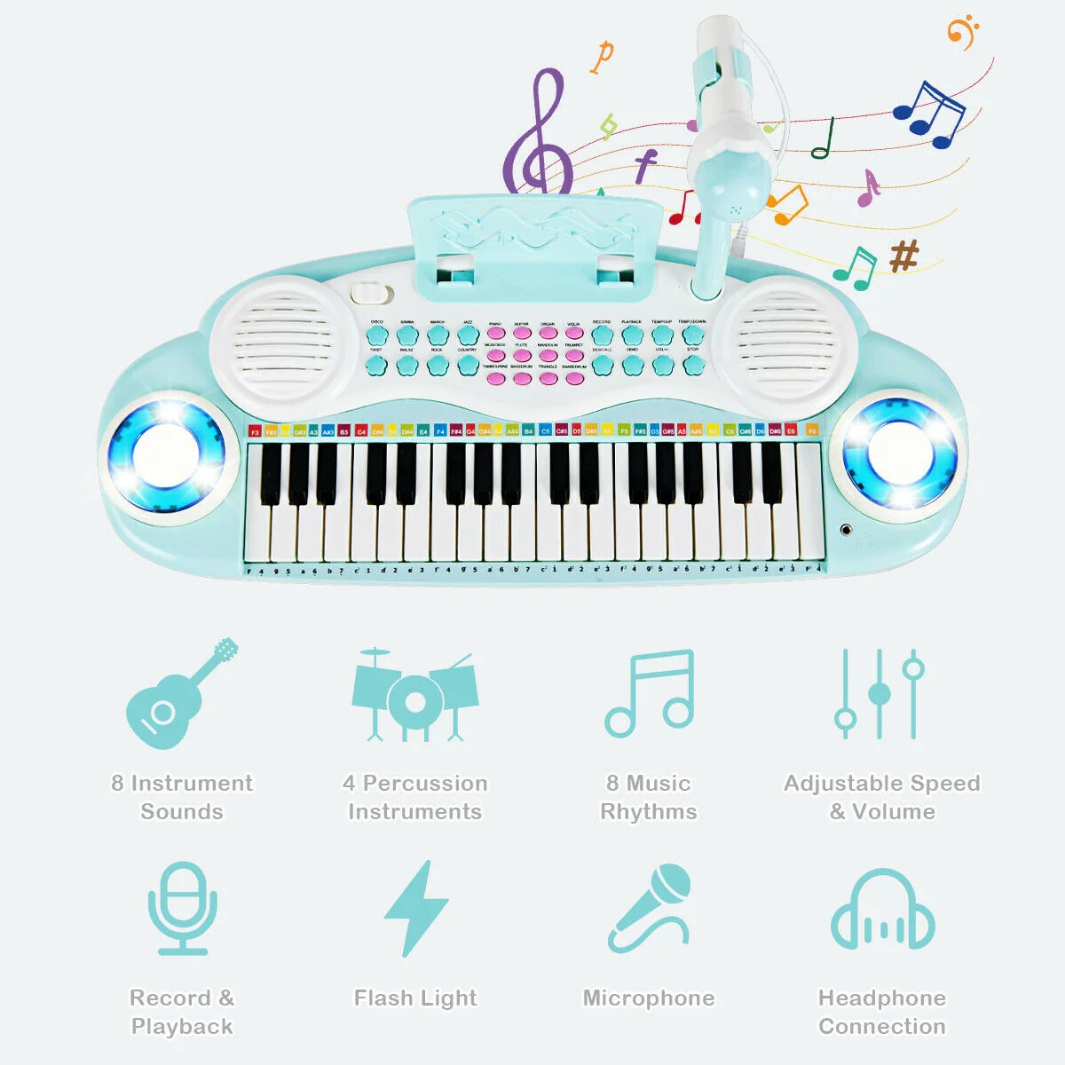 37 Electric Keyboard Piano With Microphone, Blue - Image 8