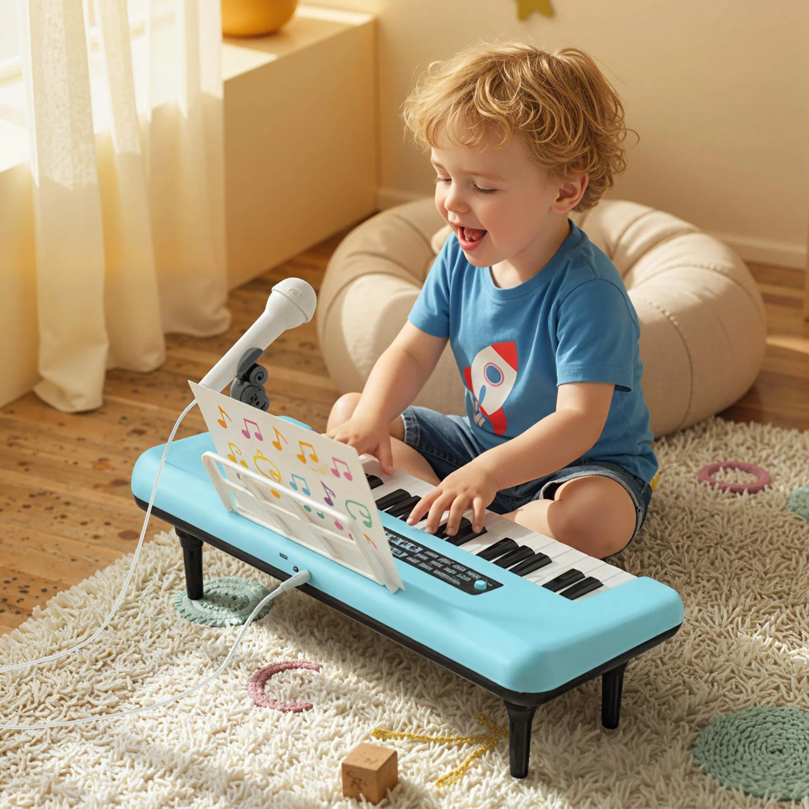 37 Keys Kids Piano Keyboard, With Microphone And Music Stand, Blue - Image 2