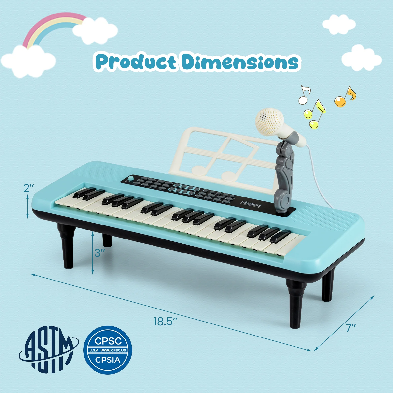 37 Keys Kids Piano Keyboard, With Microphone And Music Stand, Blue - Image 6