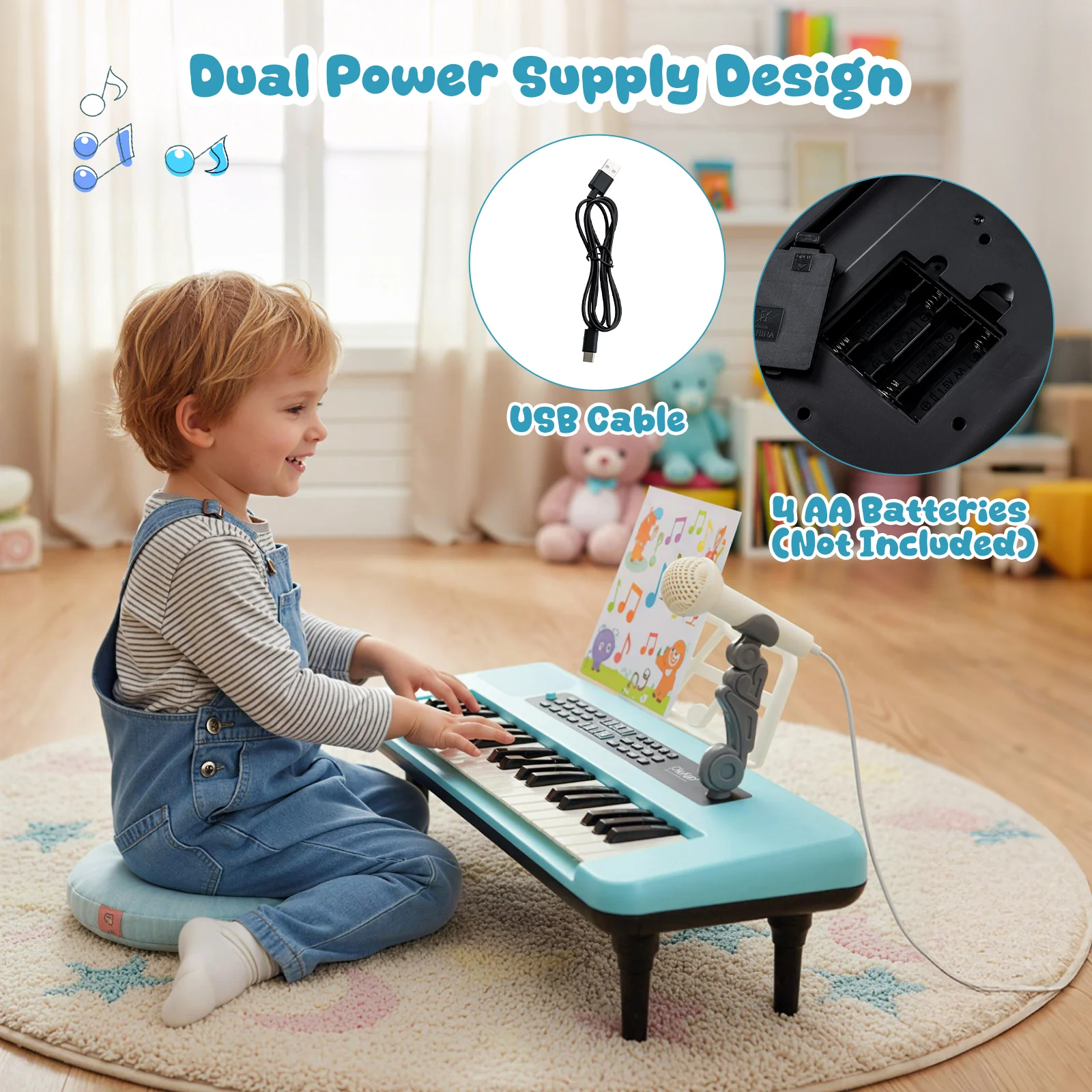 37 Keys Kids Piano Keyboard, With Microphone And Music Stand, Blue - Image 8