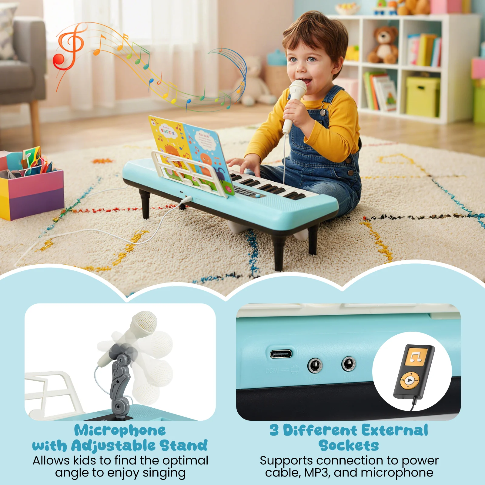 37 Keys Kids Piano Keyboard, With Microphone And Music Stand, Blue - Image 9
