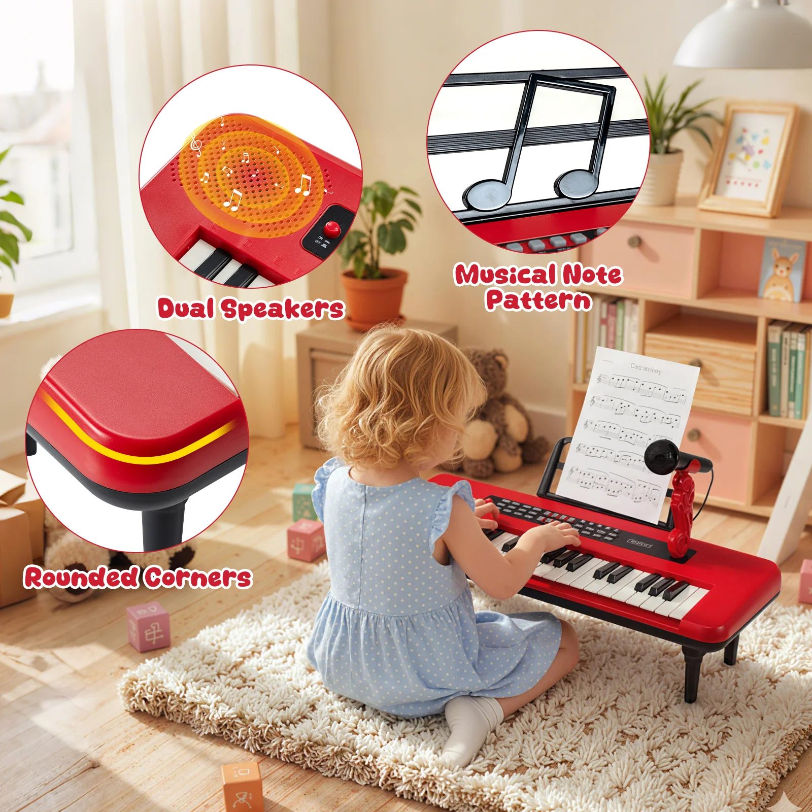37 Keys Kids Piano Keyboard, Portable Musical Toy, Red - Image 10