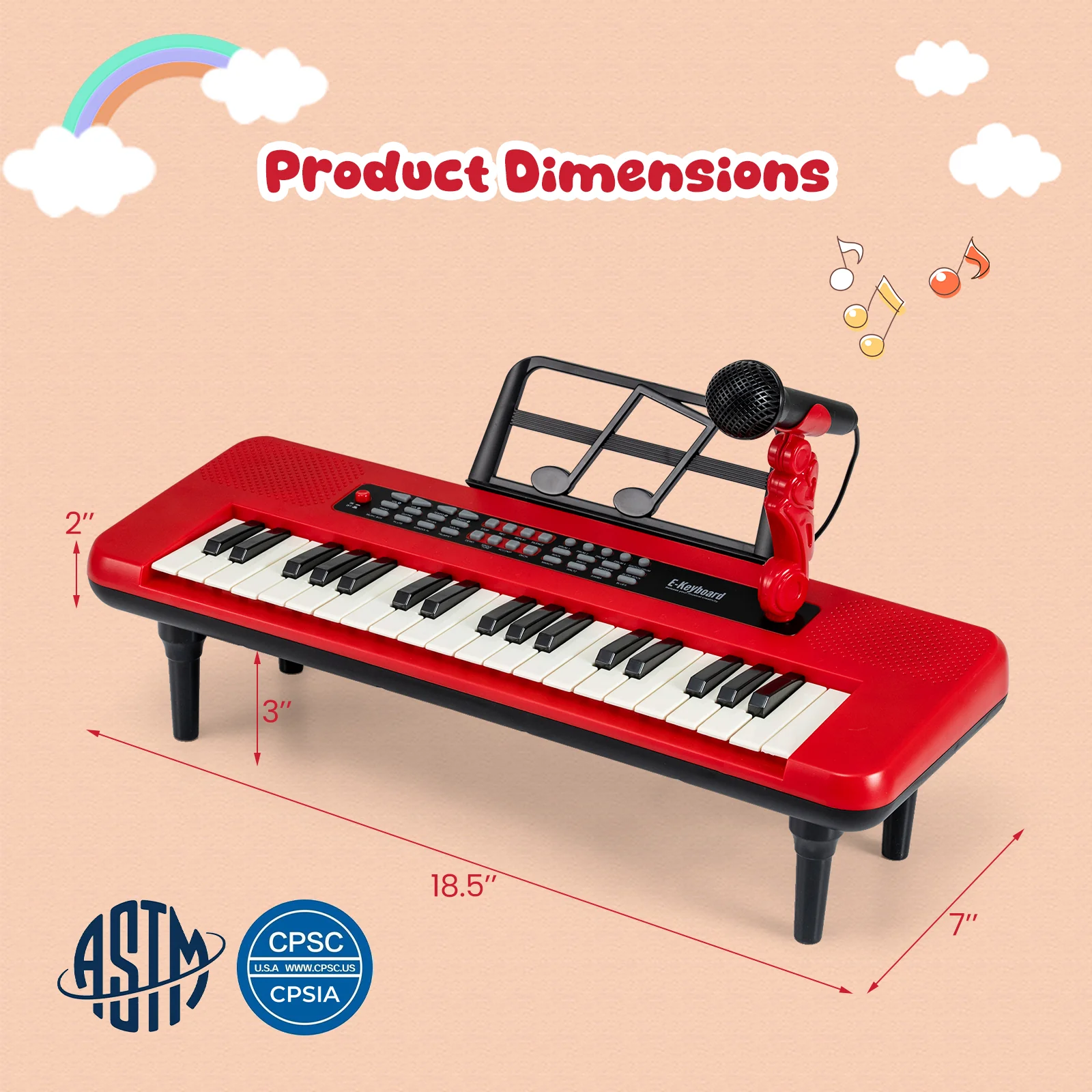 37 Keys Kids Piano Keyboard, Portable Musical Toy, Red - Image 6