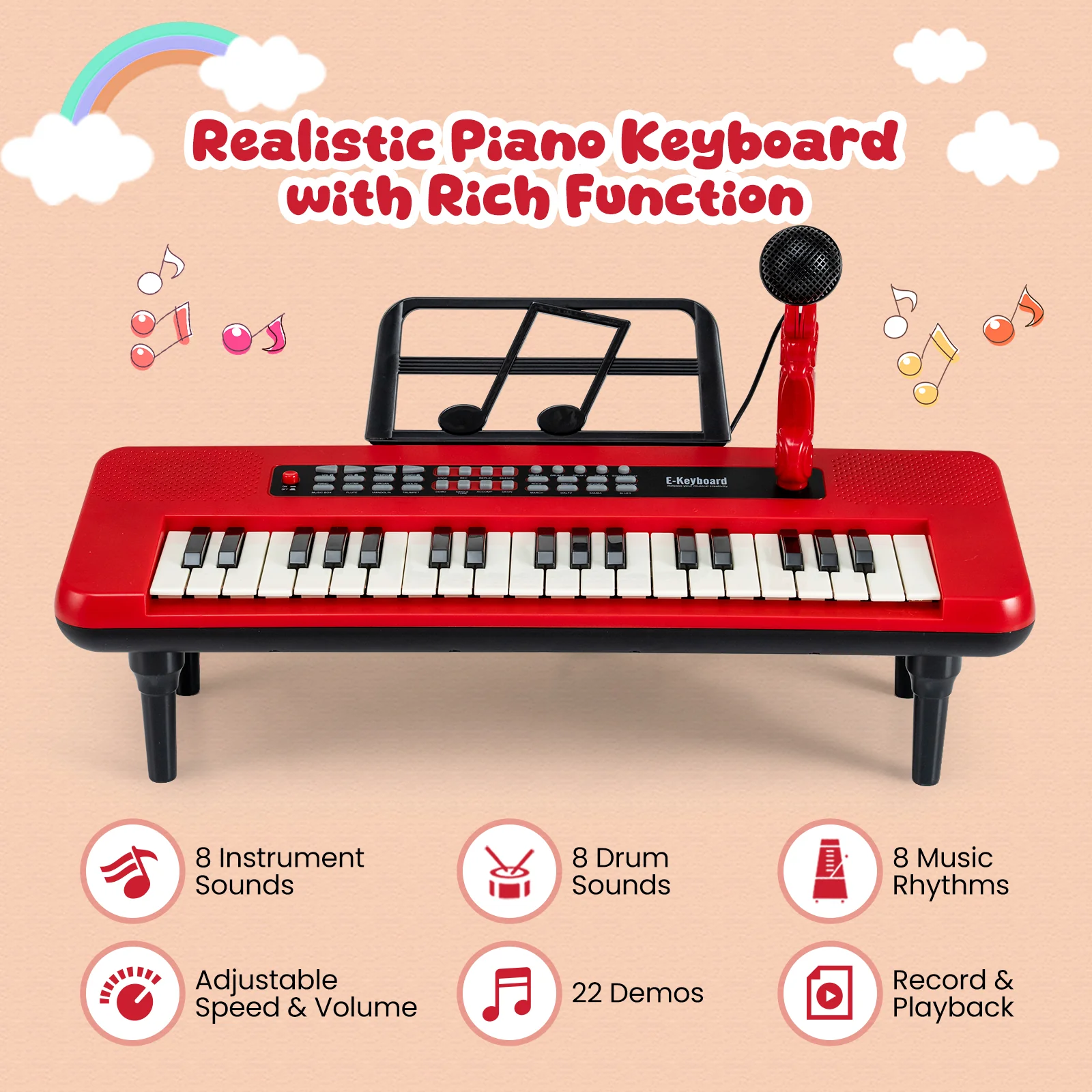 37 Keys Kids Piano Keyboard, Portable Musical Toy, Red - Image 7