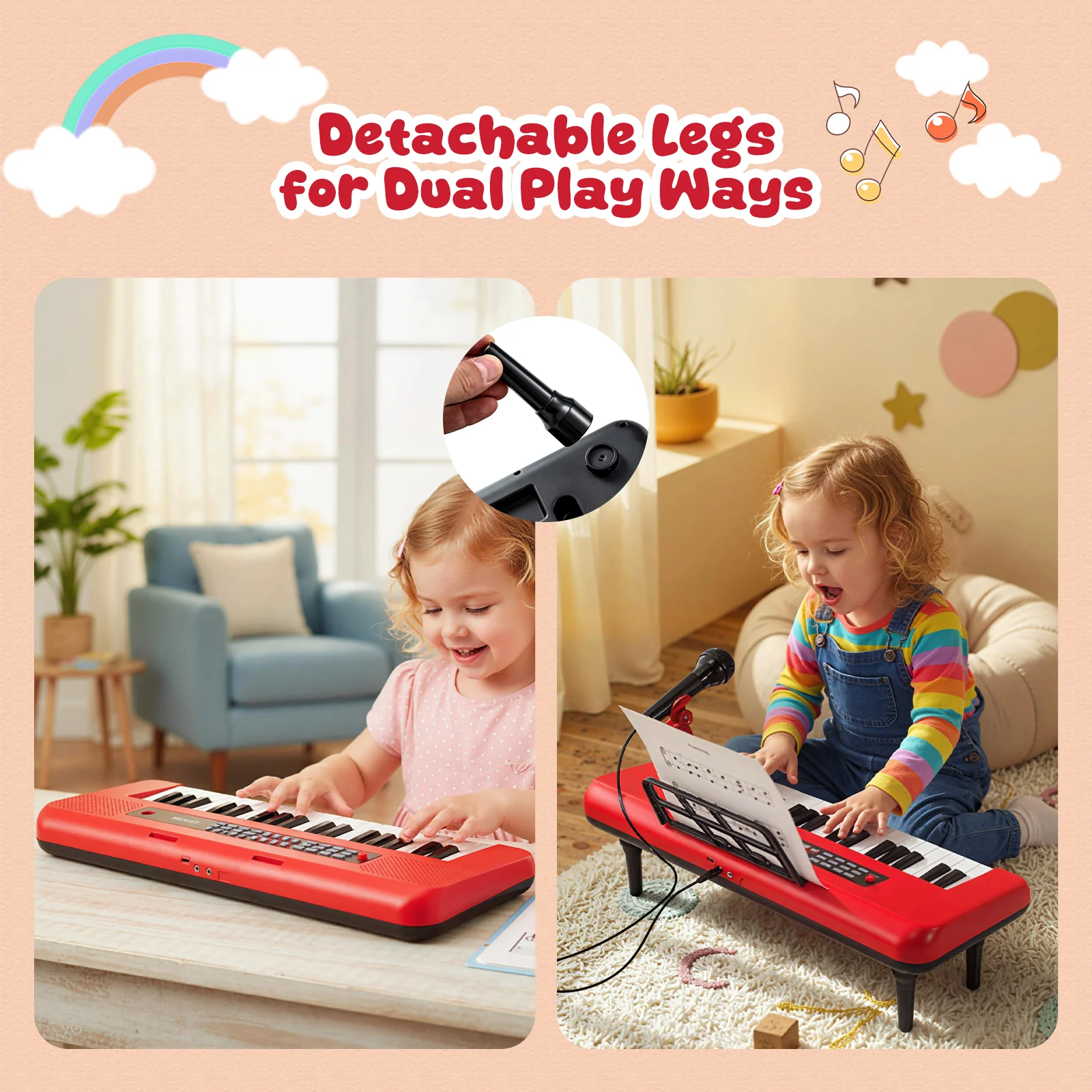 37 Keys Kids Piano Keyboard, Portable Musical Toy, Red - Image 8