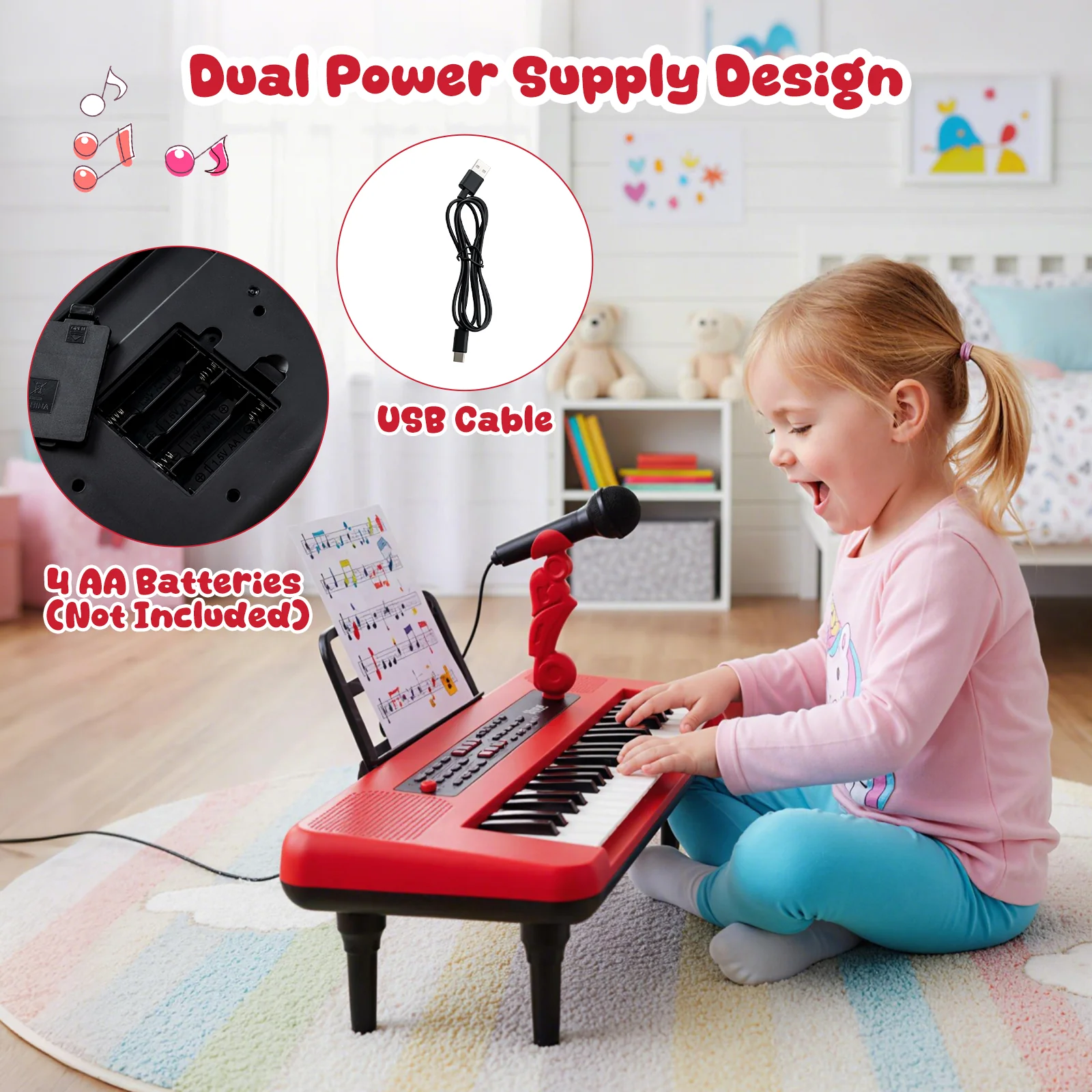 37 Keys Kids Piano Keyboard, Portable Musical Toy, Red - Image 9