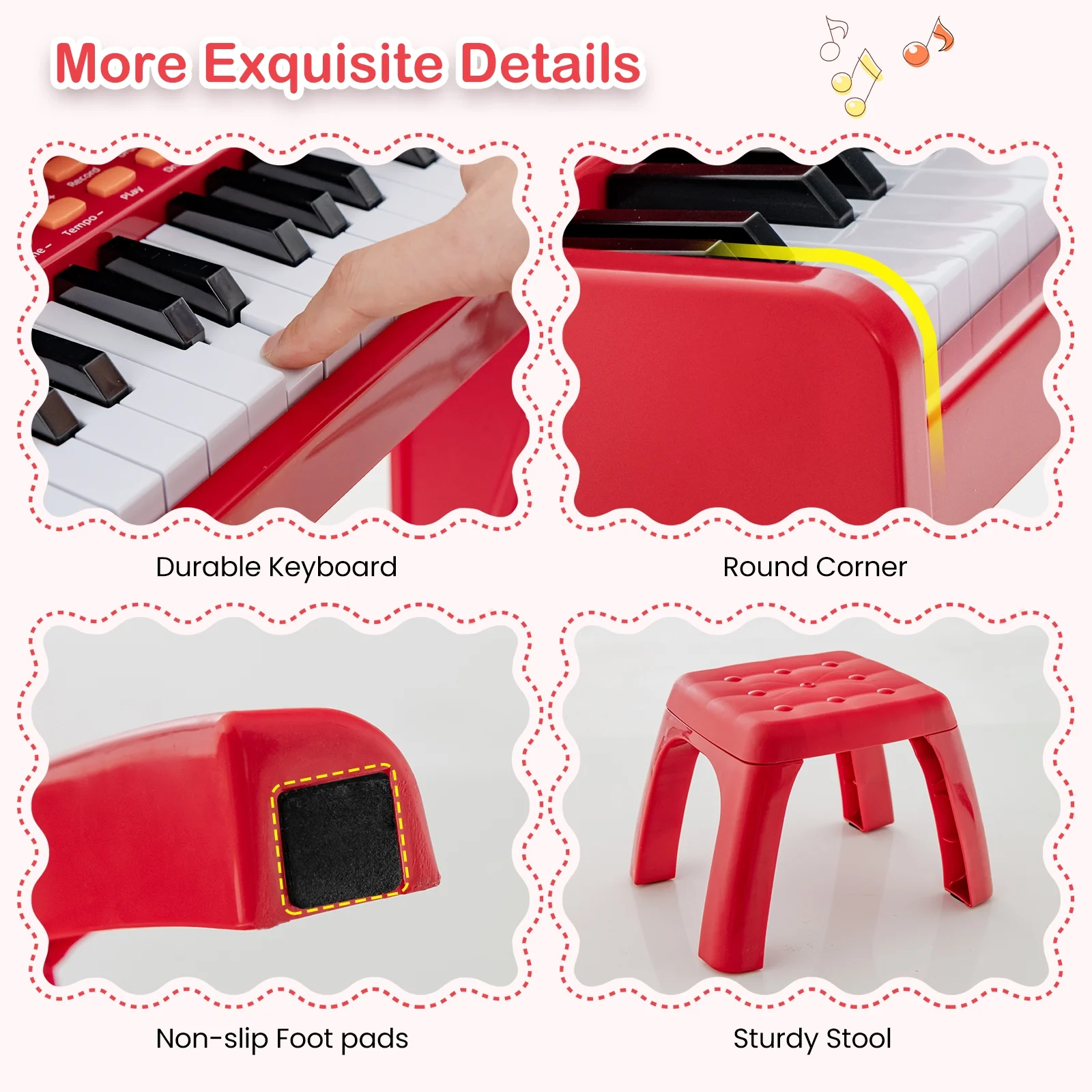 37 Keys Kids Piano Keyboard With Microphone, Red - Image 10
