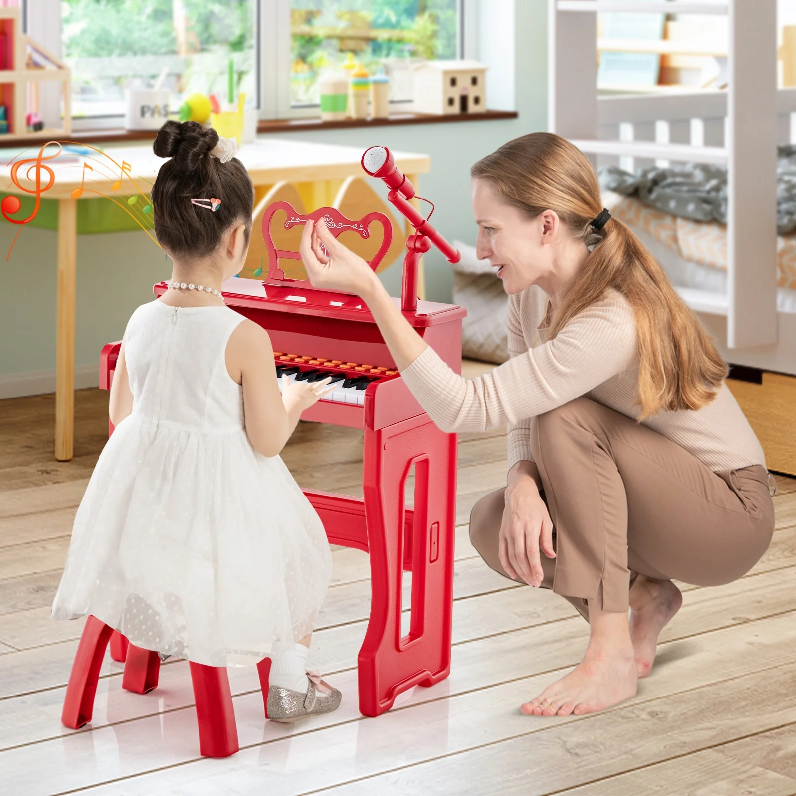 37 Keys Kids Piano Keyboard With Microphone, Red - Image 2