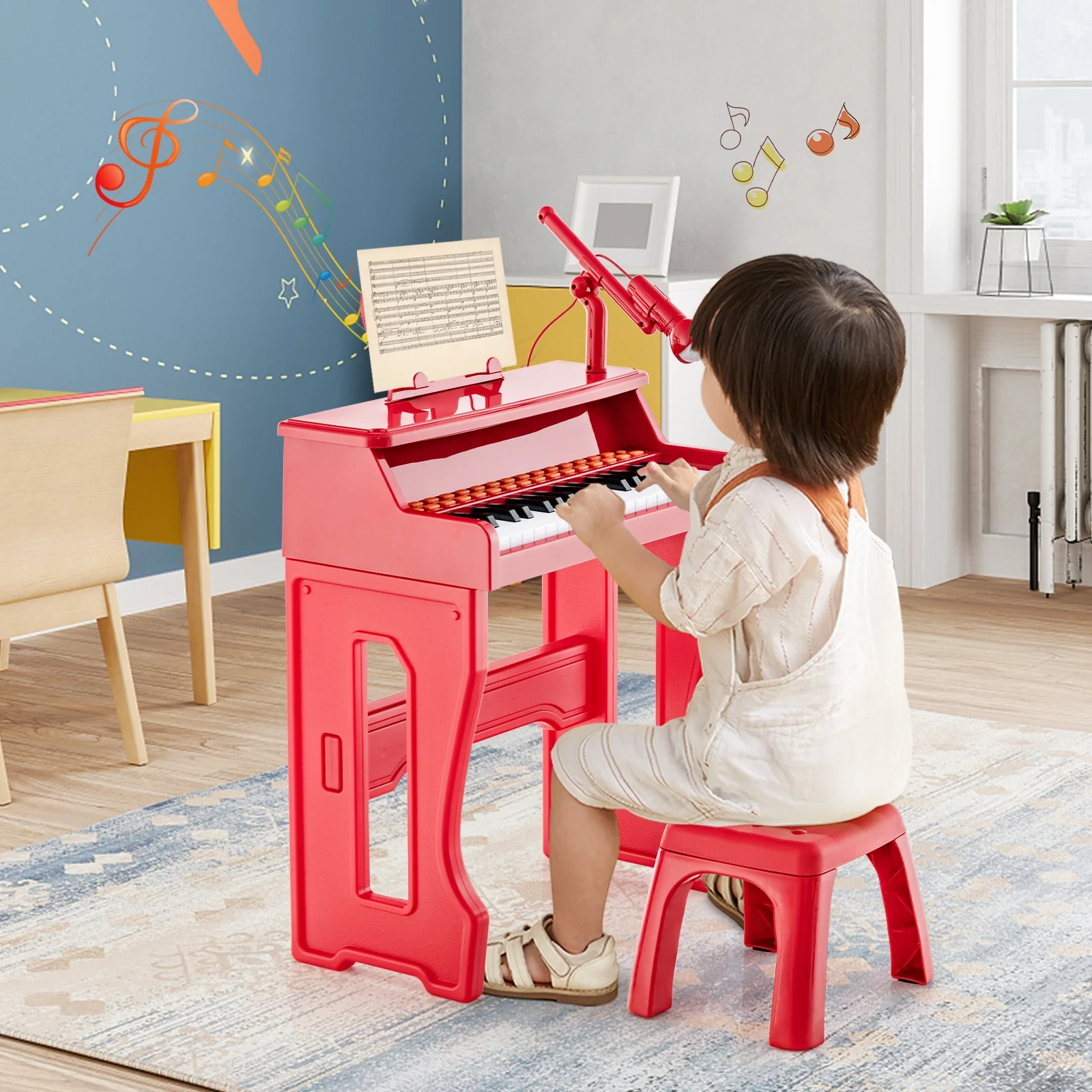 37 Keys Kids Piano Keyboard With Microphone, Red - Image 3