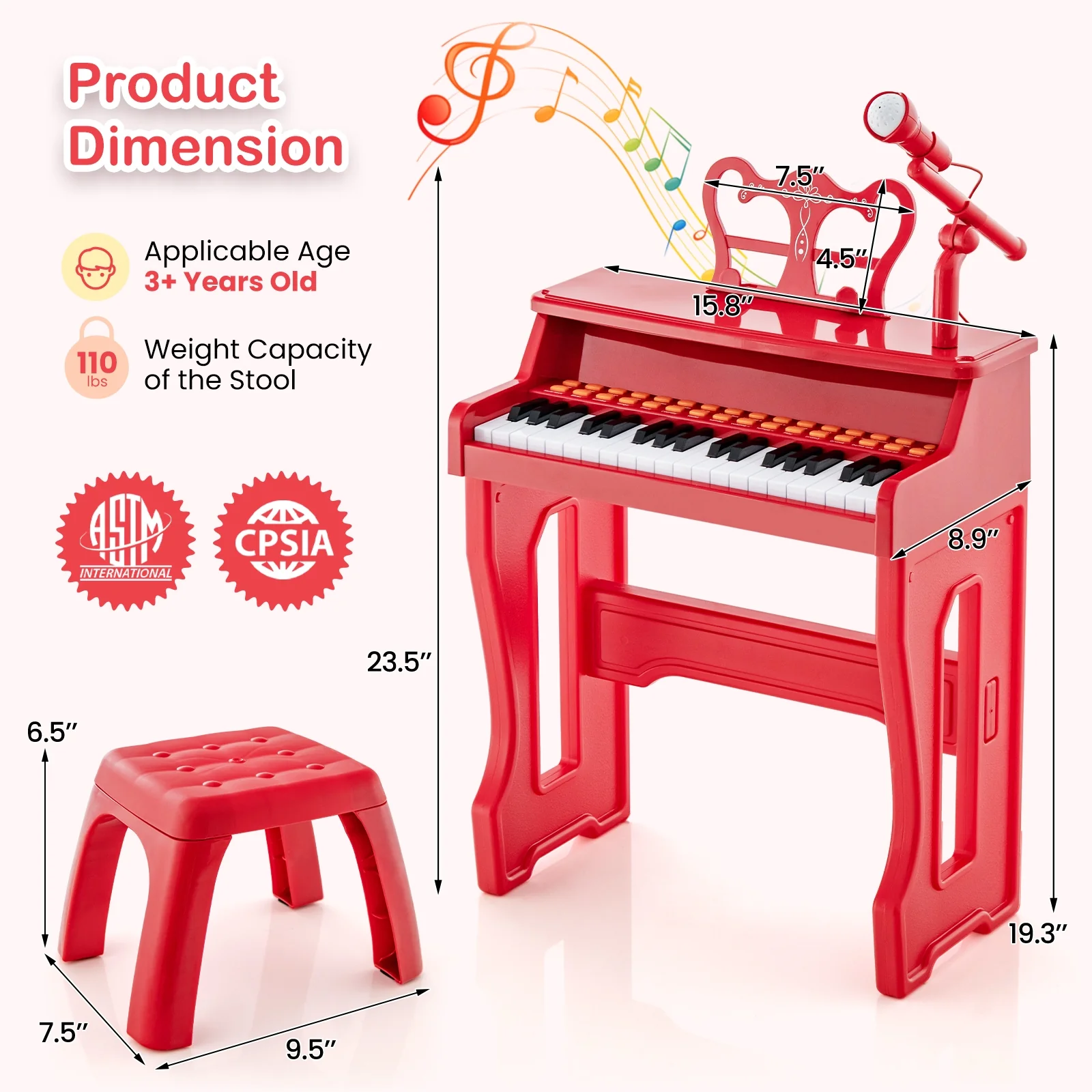 37 Keys Kids Piano Keyboard With Microphone, Red - Image 6