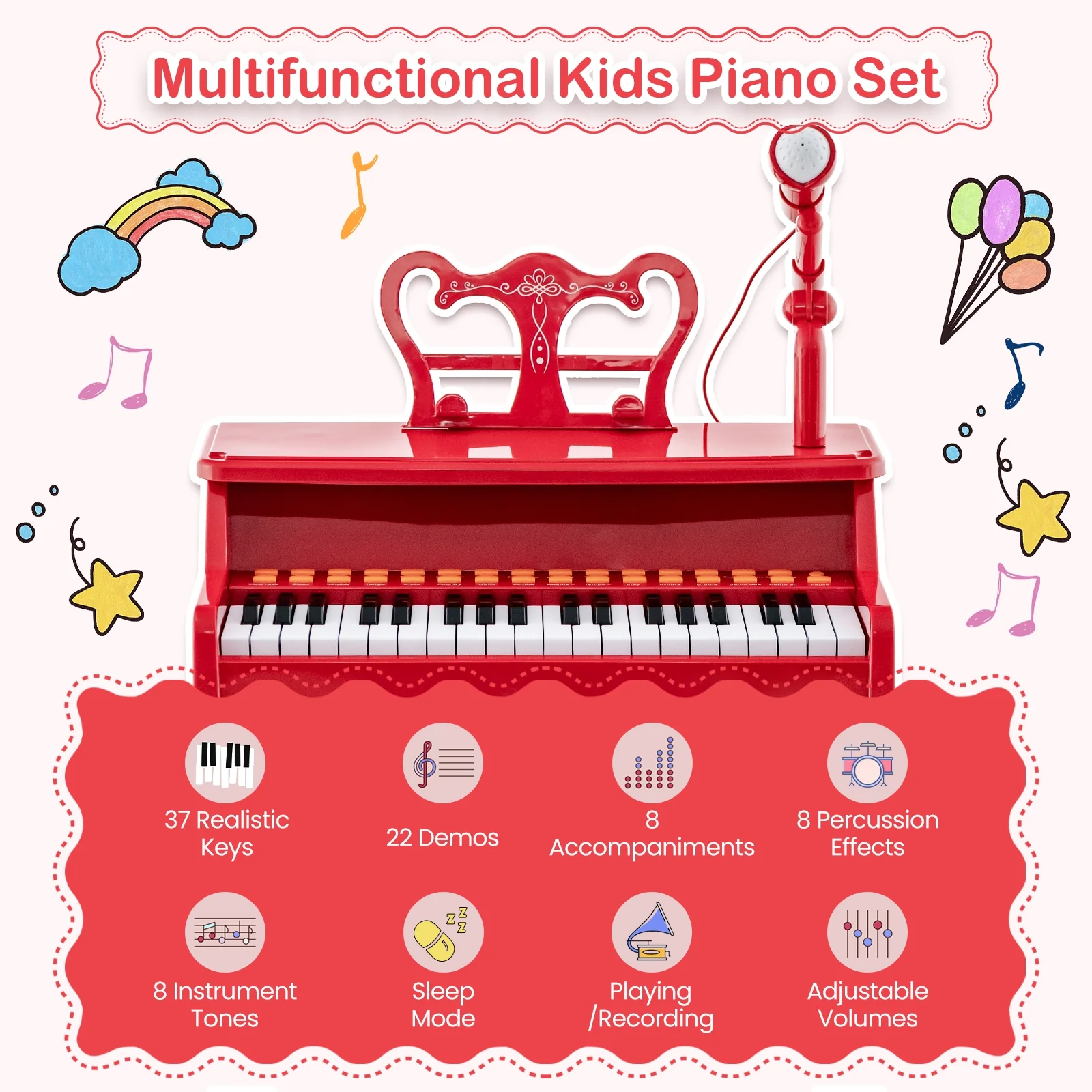 37 Keys Kids Piano Keyboard With Microphone, Red - Image 7