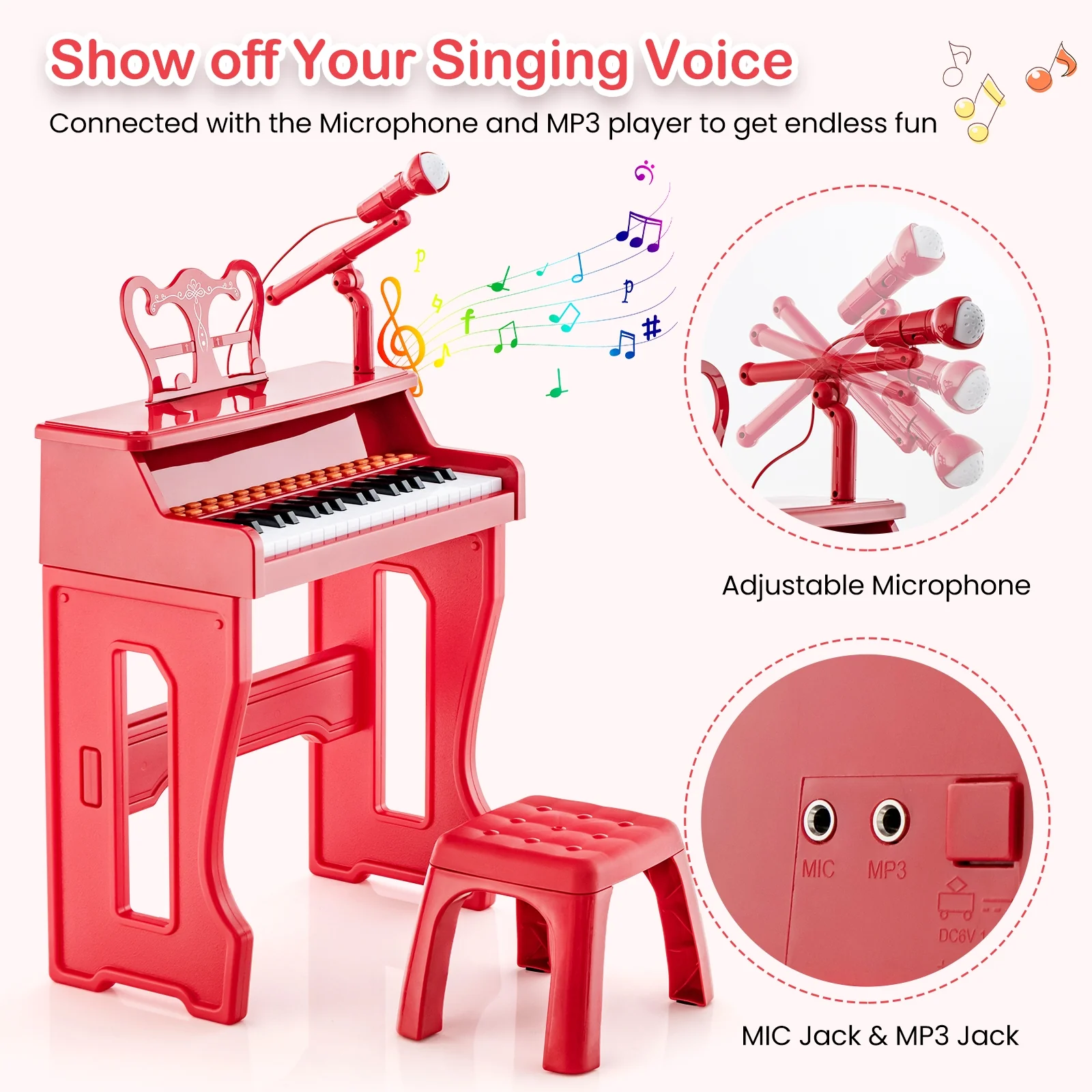 37 Keys Kids Piano Keyboard With Microphone, Red - Image 8