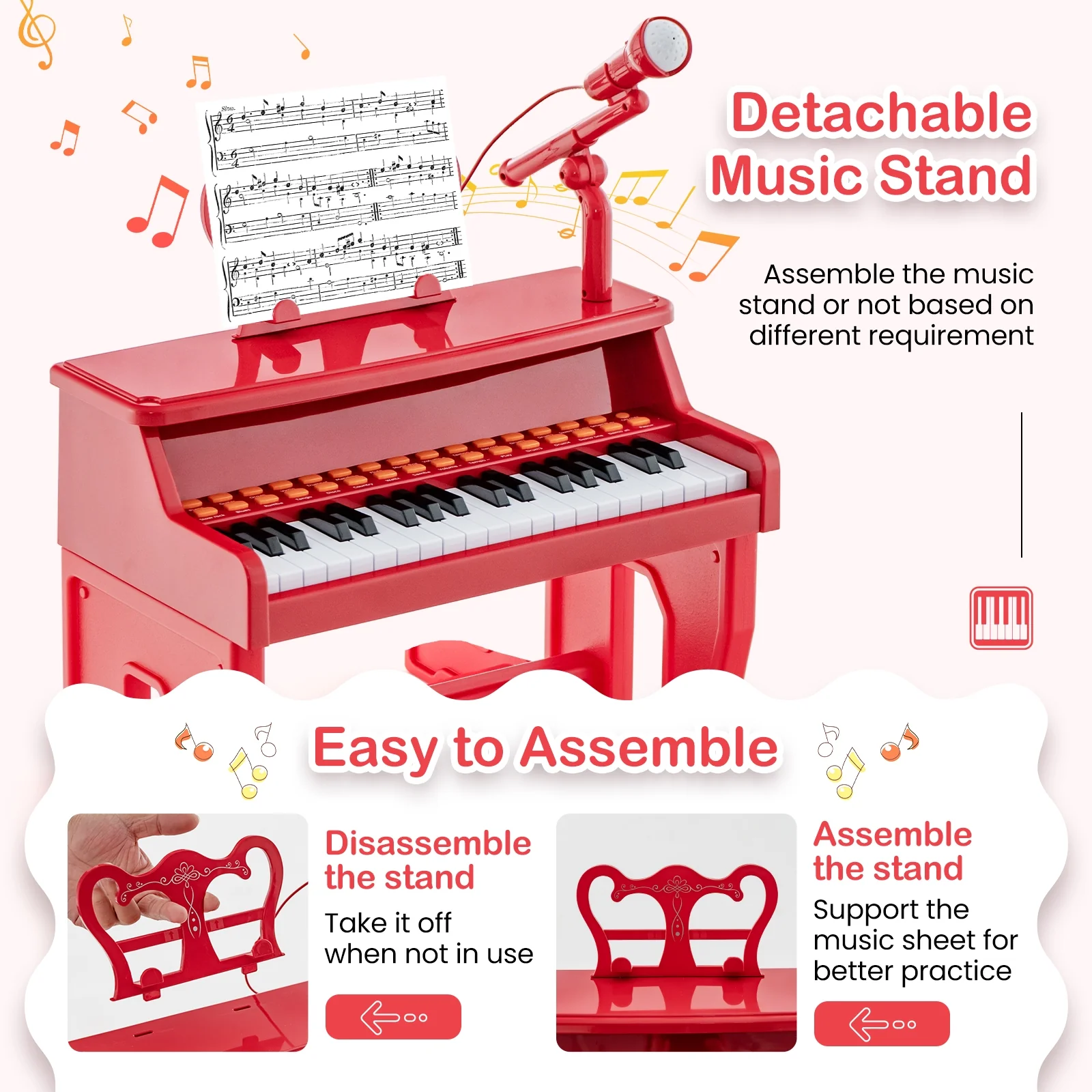 37 Keys Kids Piano Keyboard With Microphone, Red - Image 9