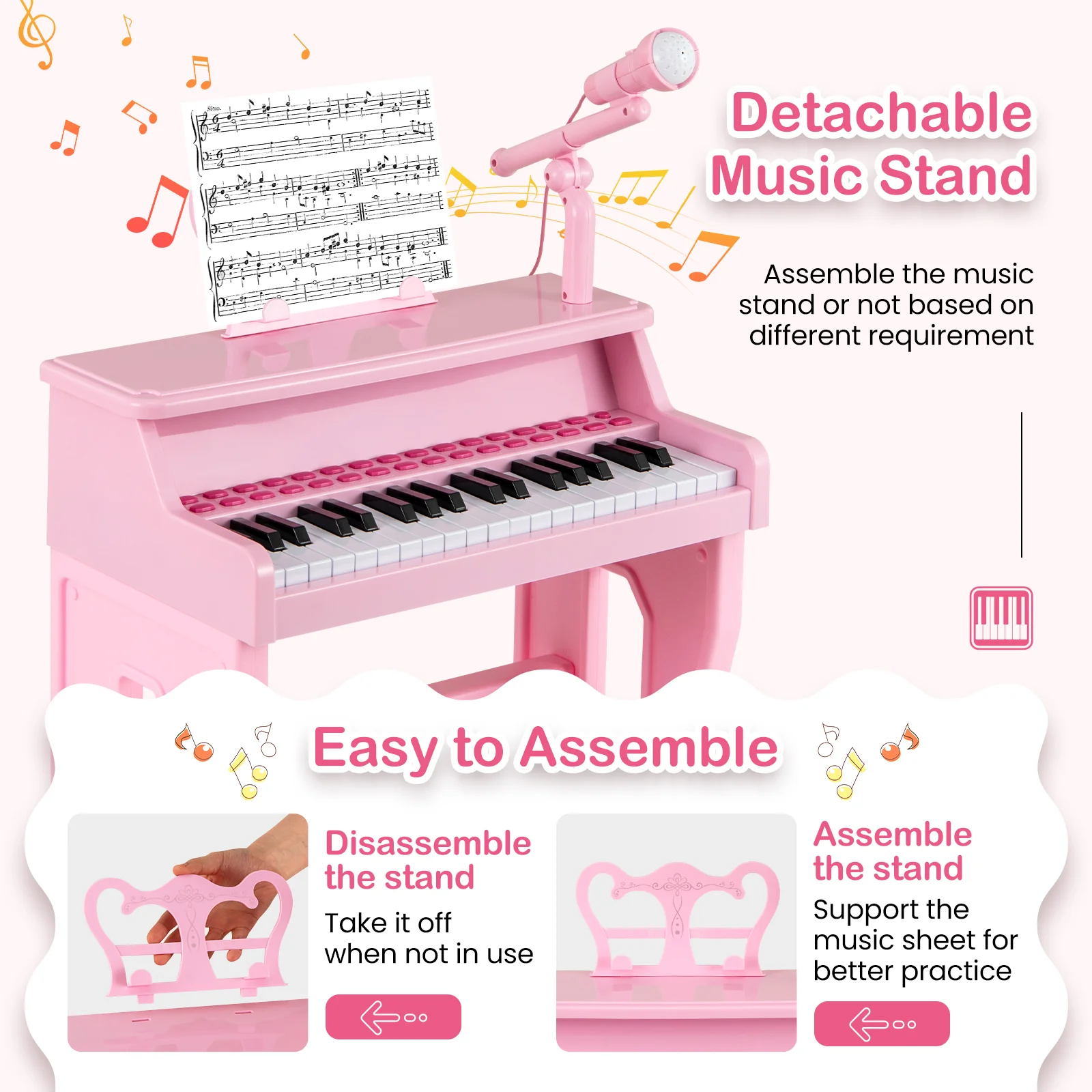 37 Keys Music Piano with Microphone Kids Piano Keyboard with Detachable Music Stand, Pink - Image 10