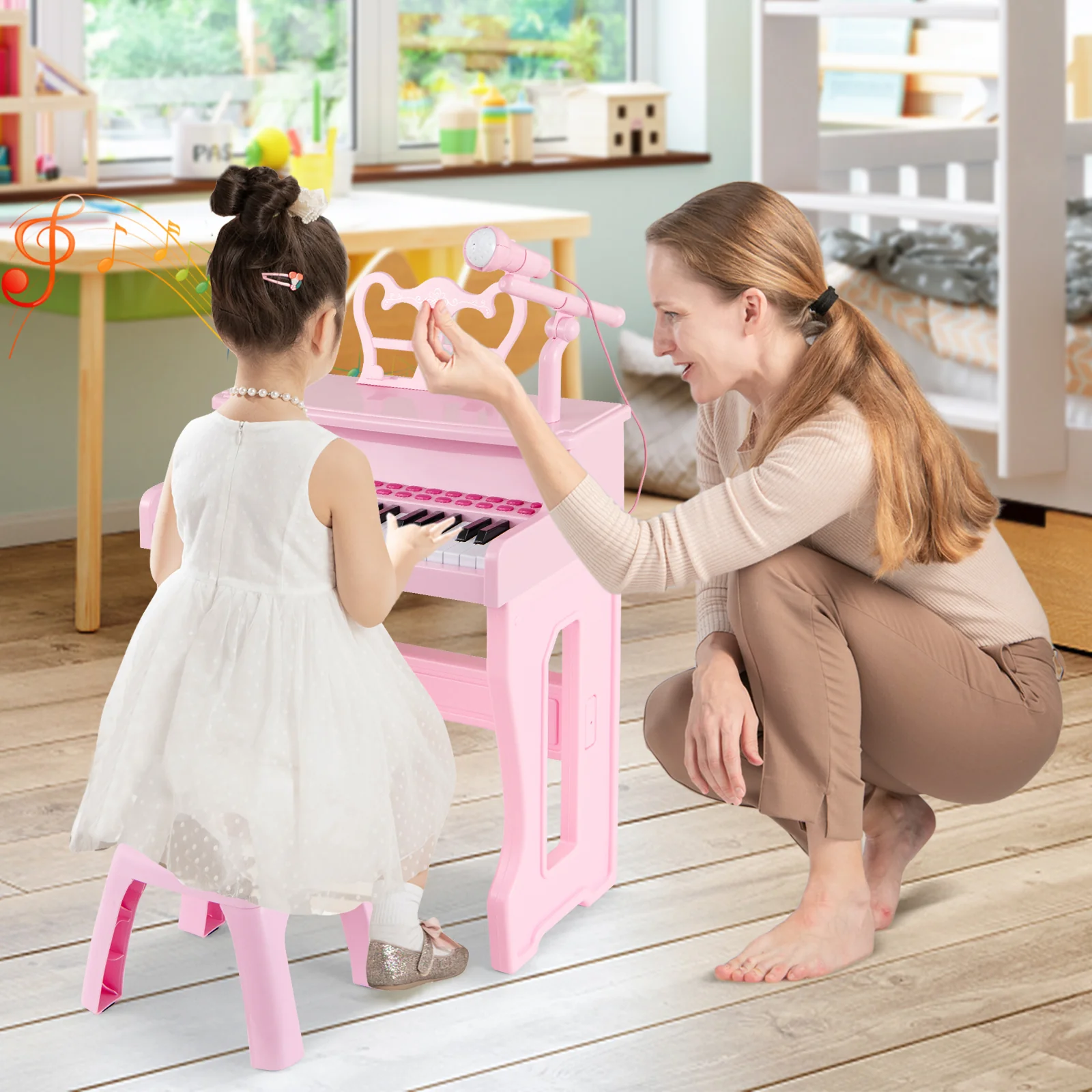 37 Keys Music Piano with Microphone Kids Piano Keyboard with Detachable Music Stand, Pink - Image 2
