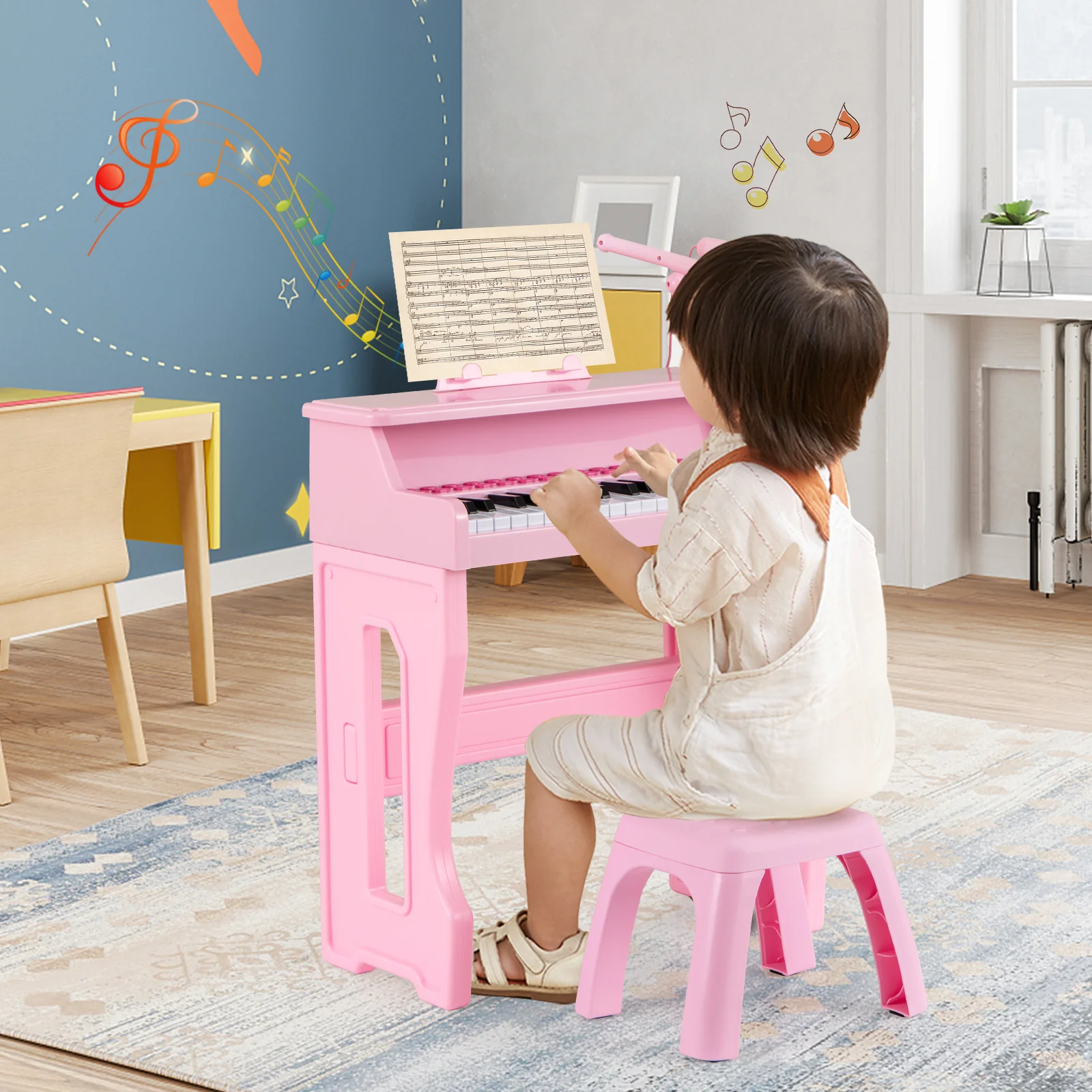37 Keys Music Piano with Microphone Kids Piano Keyboard with Detachable Music Stand, Pink - Image 3