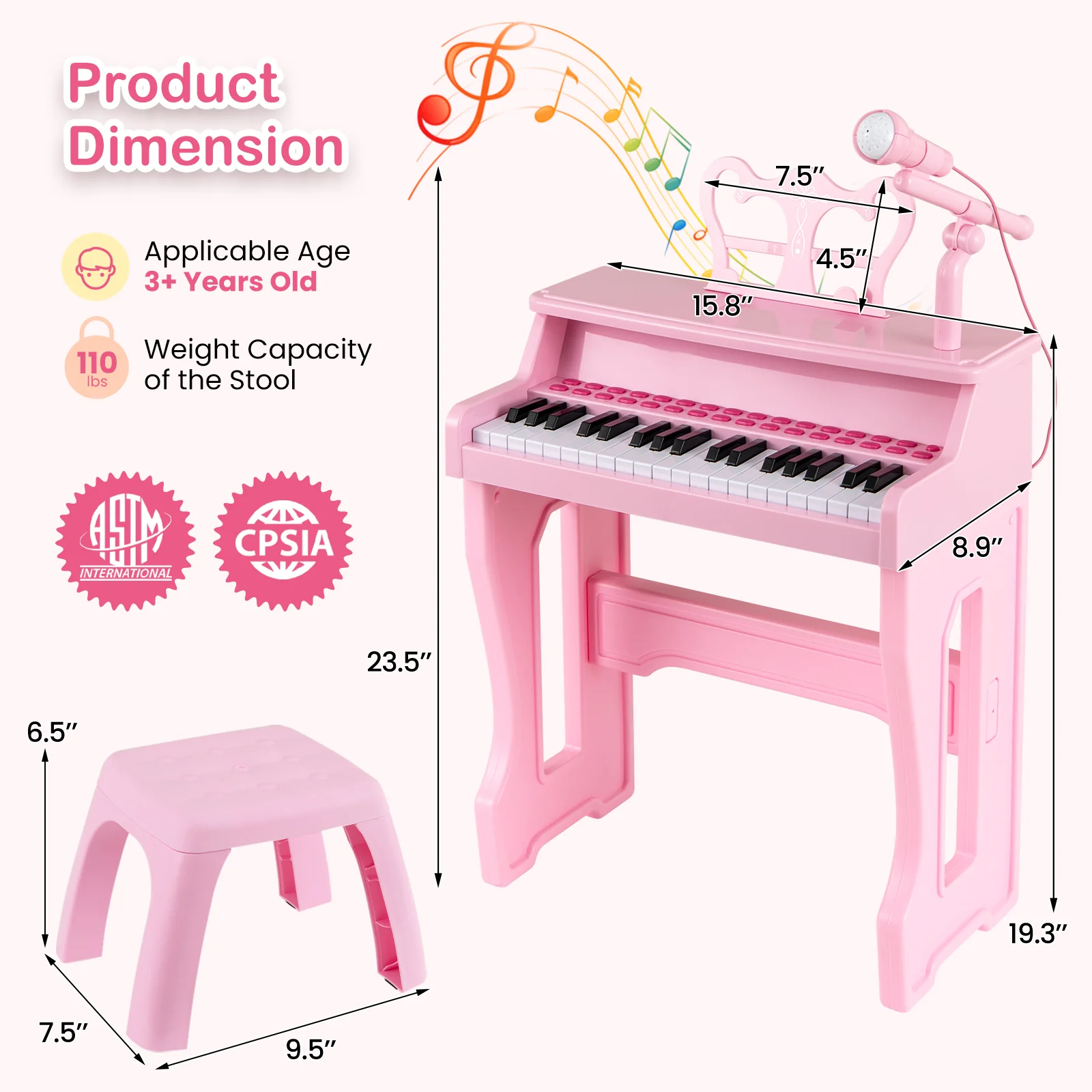 37 Keys Music Piano with Microphone Kids Piano Keyboard with Detachable Music Stand, Pink - Image 6