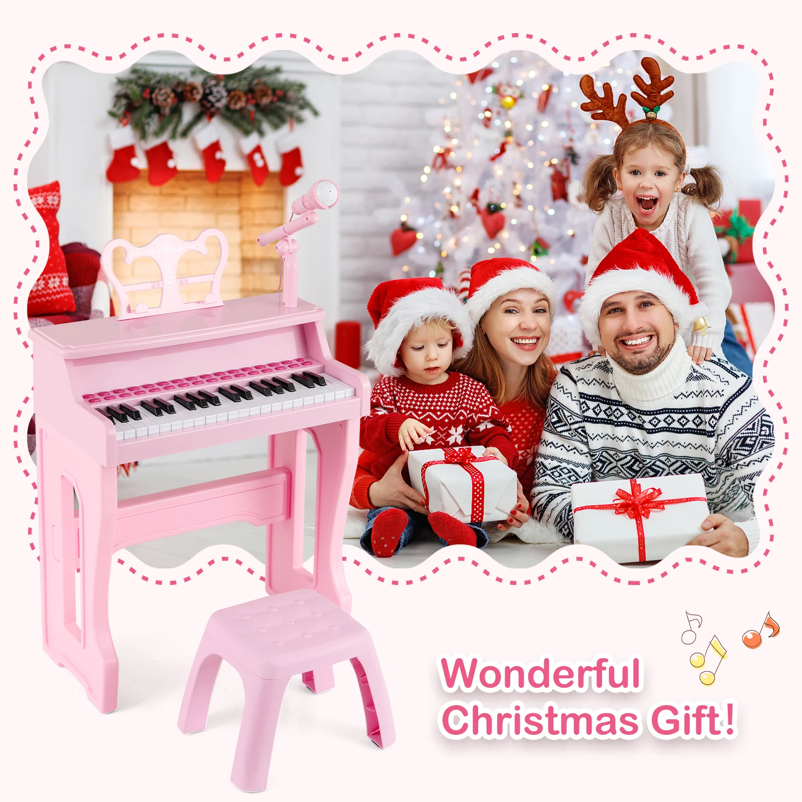 37 Keys Music Piano with Microphone Kids Piano Keyboard with Detachable Music Stand, Pink - Image 7