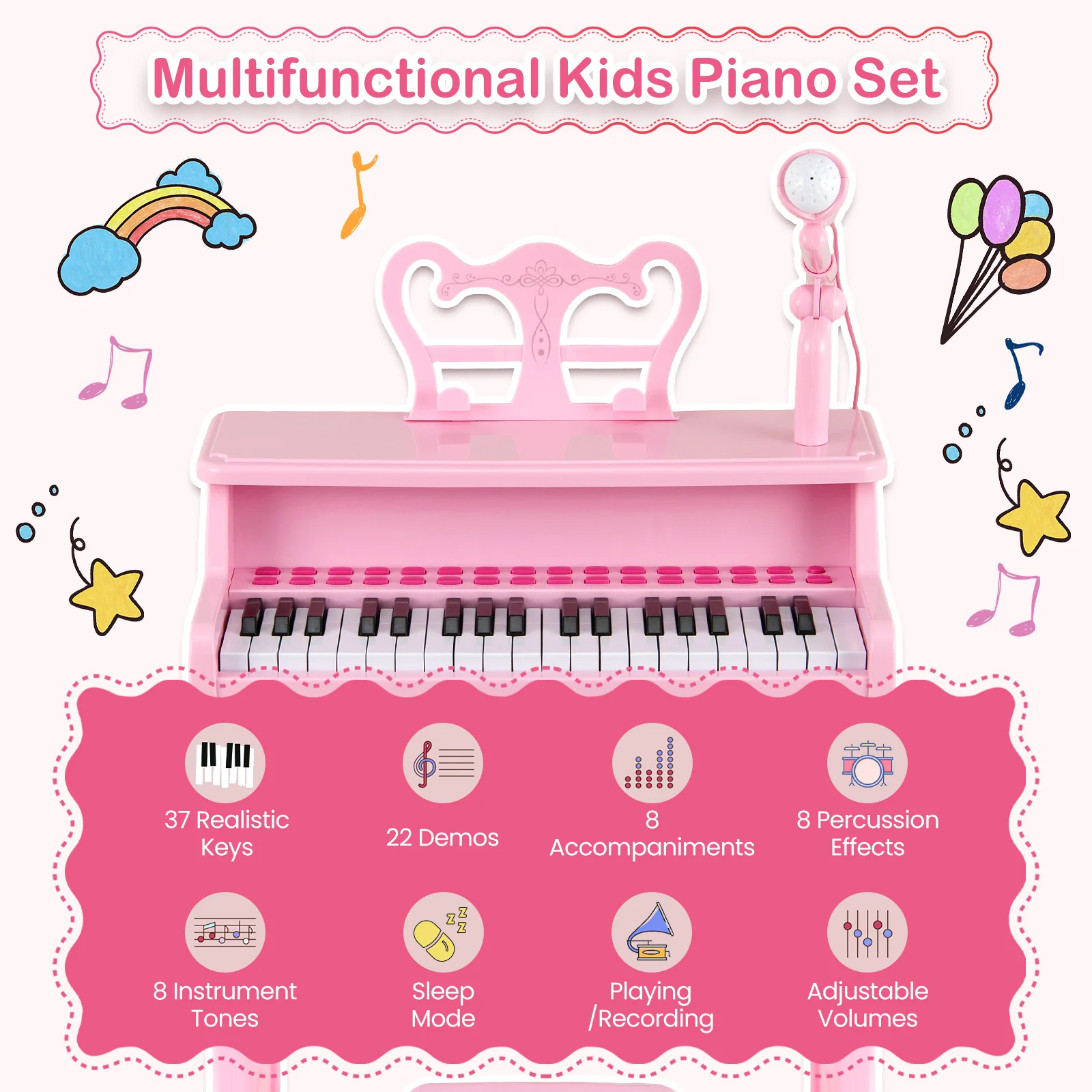 37 Keys Music Piano with Microphone Kids Piano Keyboard with Detachable Music Stand, Pink - Image 8