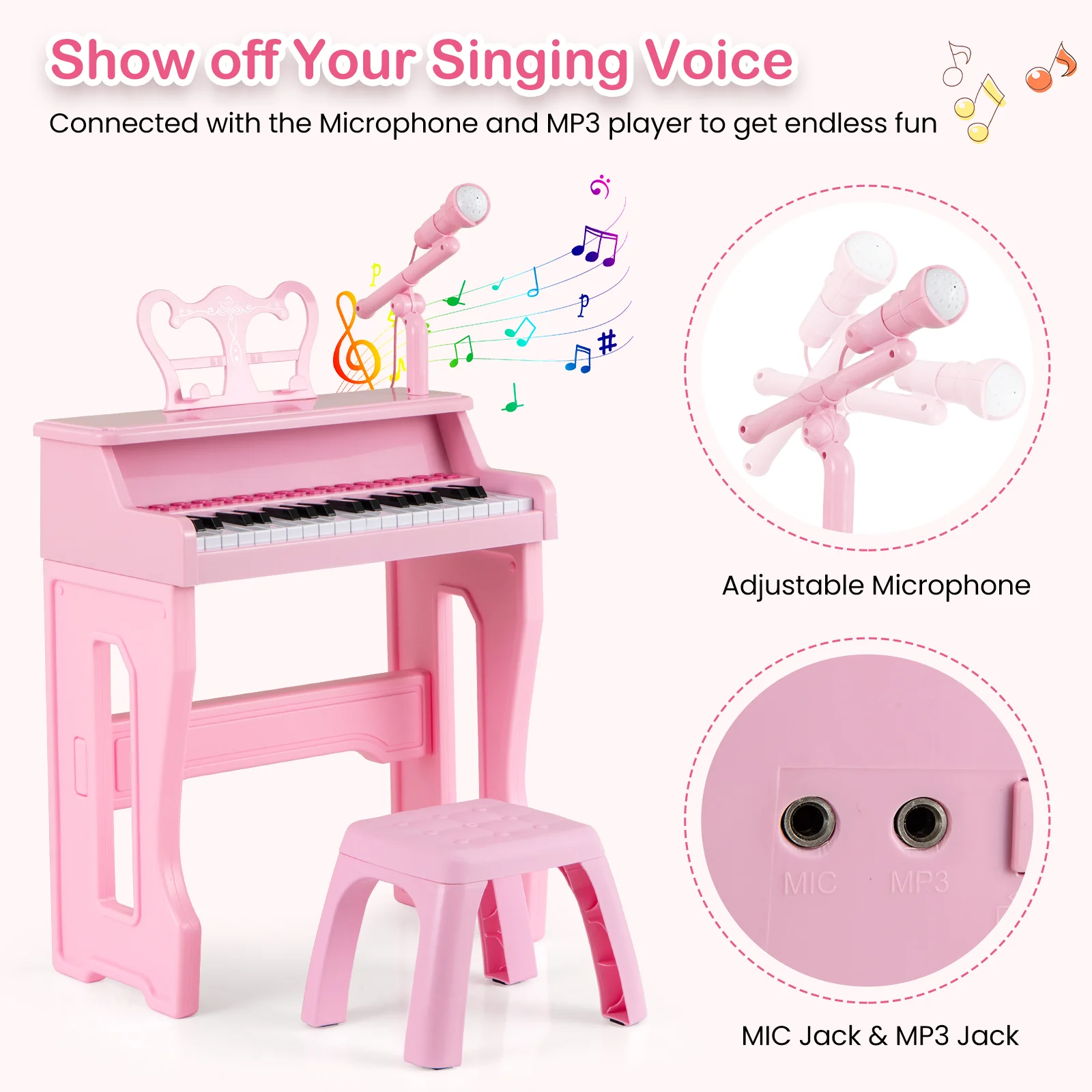 37 Keys Music Piano with Microphone Kids Piano Keyboard with Detachable Music Stand, Pink - Image 9