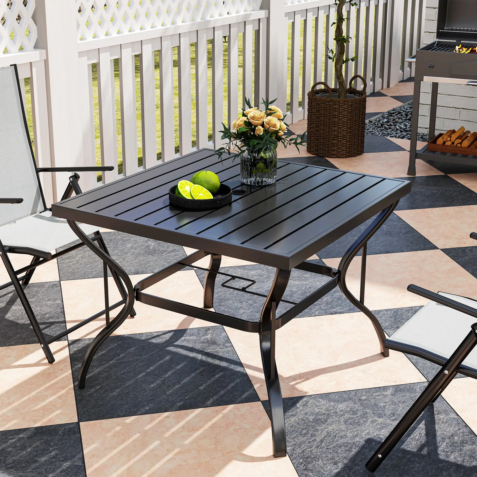 37" Square Outdoor Dining Table, Galvanized Steel, Slatted Top, Black - Image 10