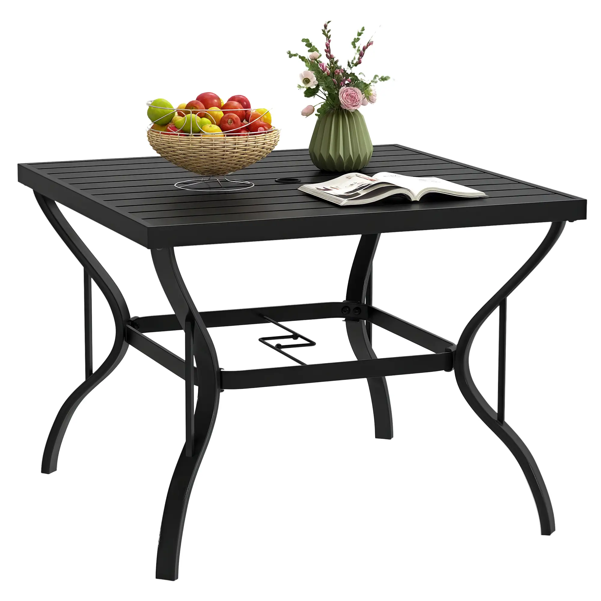 37" Square Outdoor Dining Table, Galvanized Steel, Slatted Top, Black - Image 11