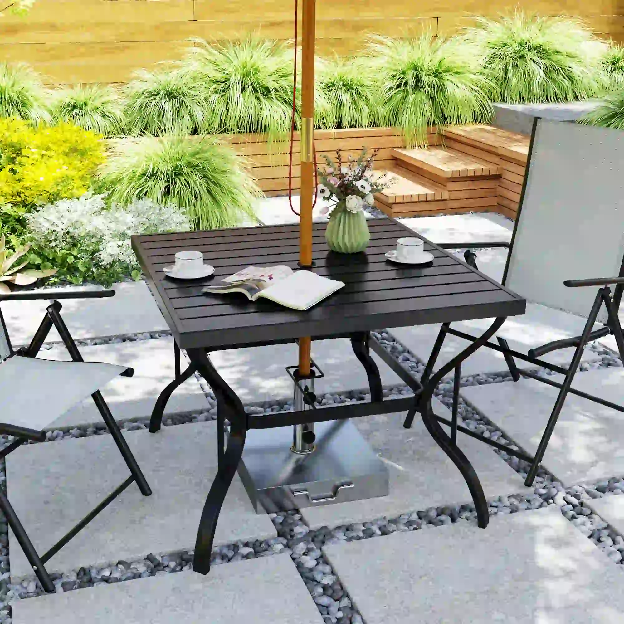 37" Square Outdoor Dining Table, Galvanized Steel, Slatted Top, Black - Image 2