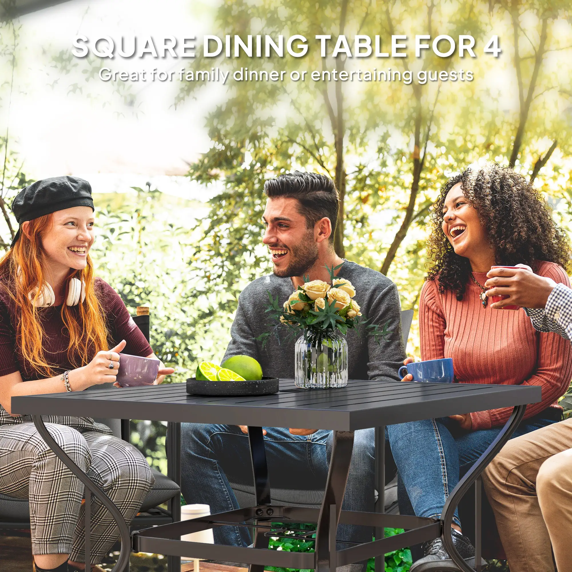 37" Square Outdoor Dining Table, Galvanized Steel, Slatted Top, Black - Image 4
