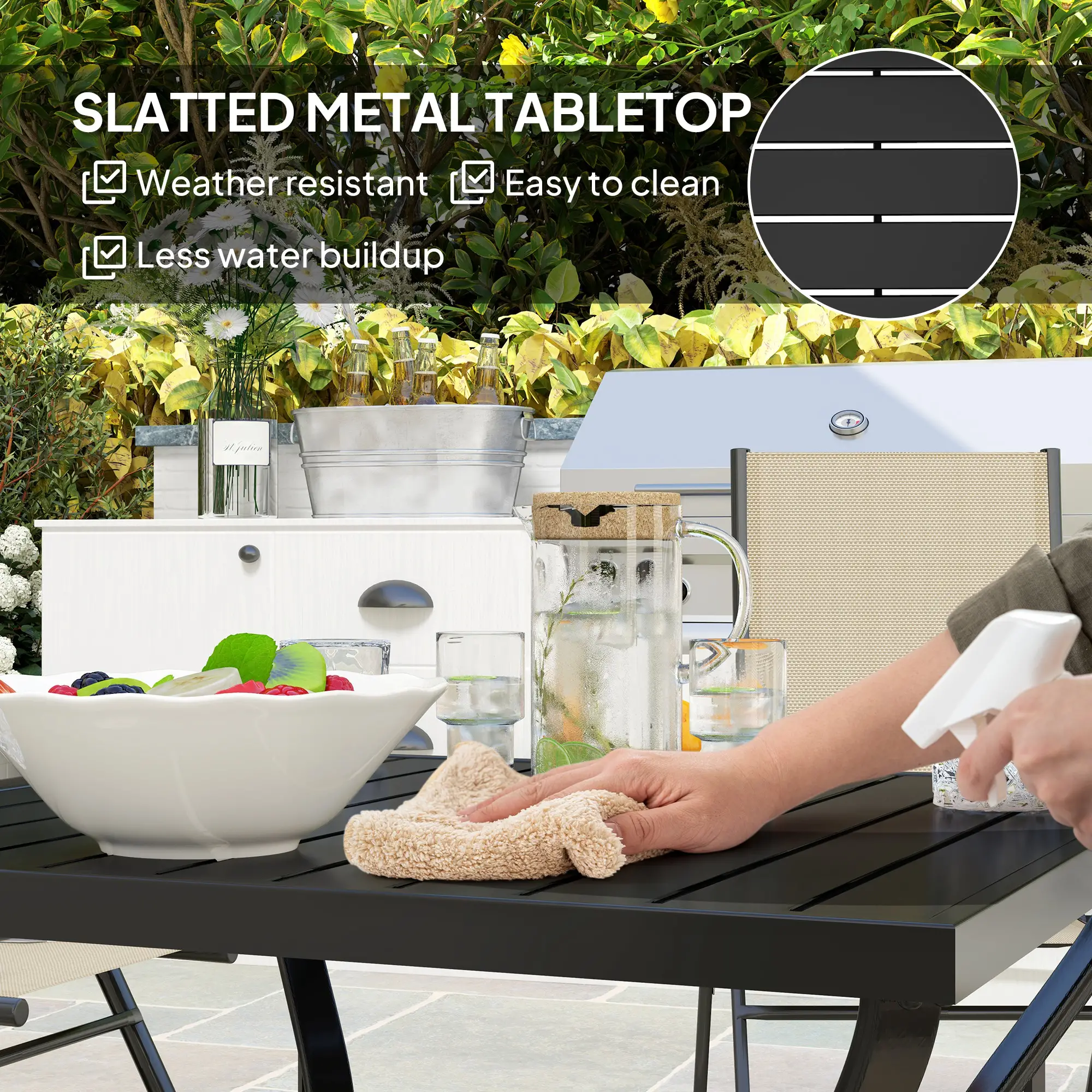 37" Square Outdoor Dining Table, Galvanized Steel, Slatted Top, Black - Image 6
