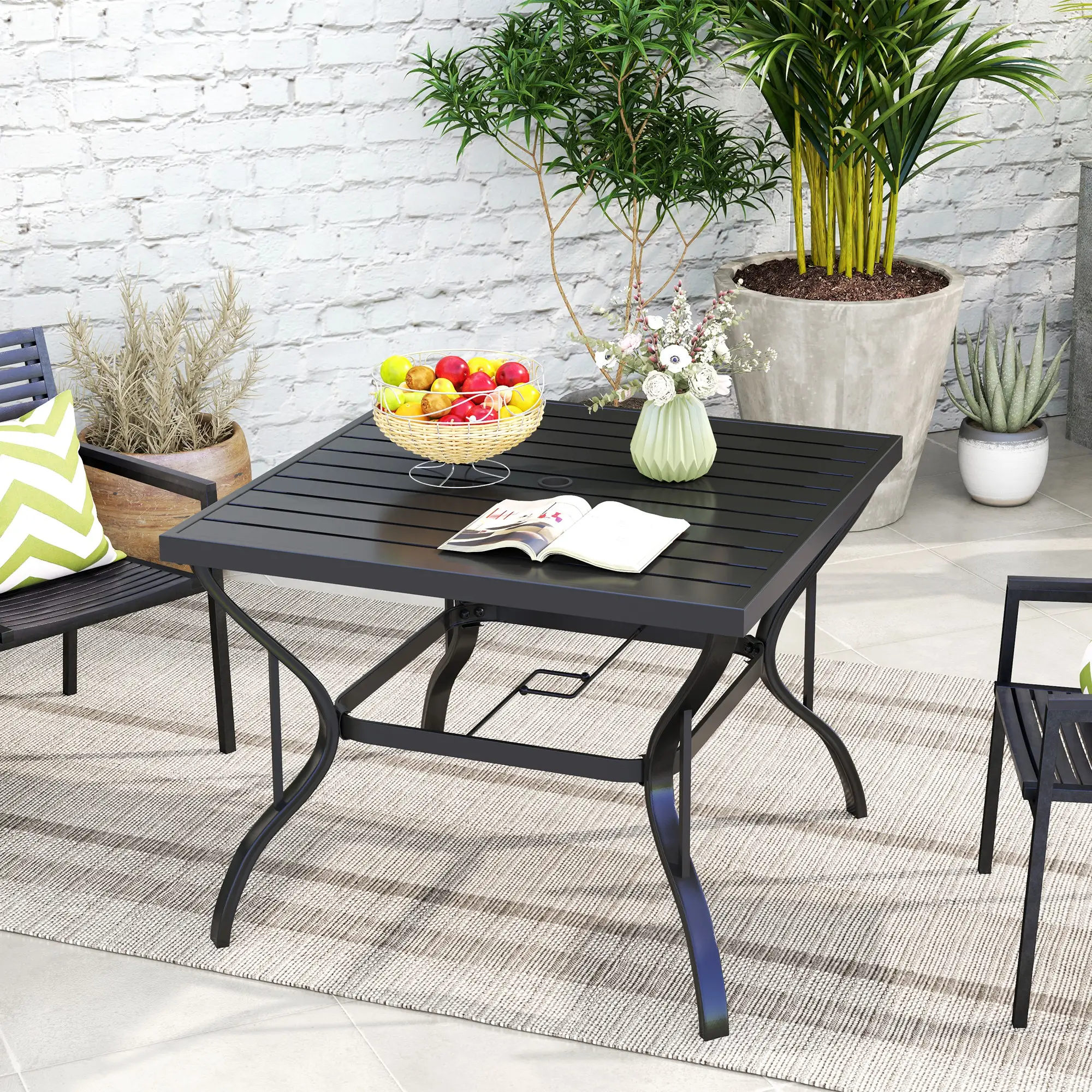 37" Square Outdoor Dining Table, Galvanized Steel, Slatted Top, Black - Image 8