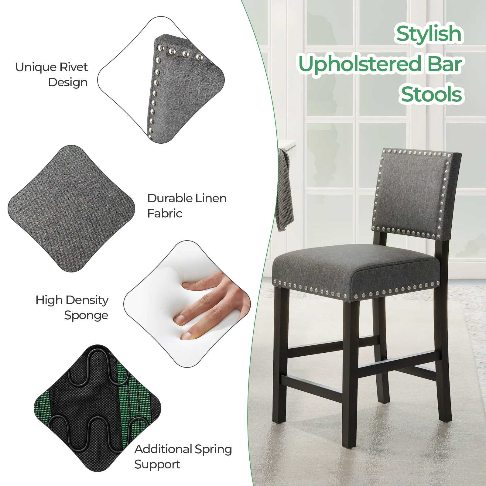 38.5/43.5 Inch Counter Height Chairs, Solid Rubber Wood Frame, Gray - Image 7