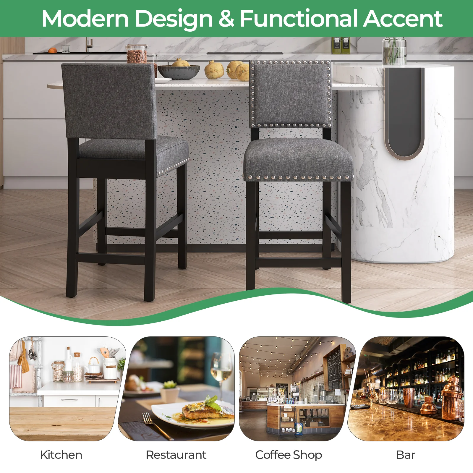 38.5/43.5 Inch Counter Height Chairs, Solid Rubber Wood Frame, Gray - Image 9