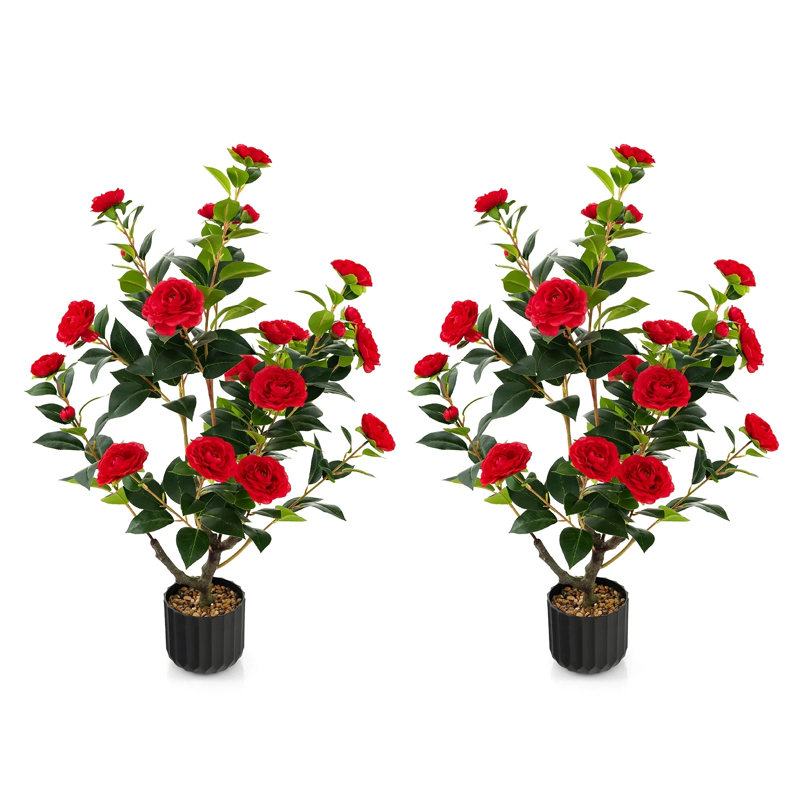 38 Inch Artificial Camellia Tree, Cement Pot, 2 Pack, Red