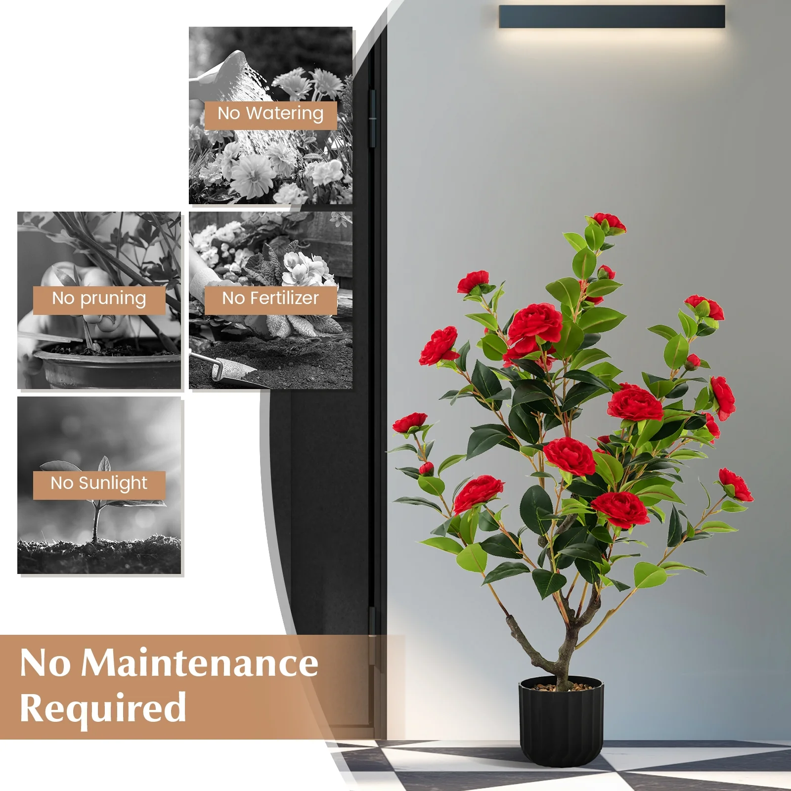 38 Inch Artificial Camellia Tree, Cement Pot, 2 Pack, Red - Image 10