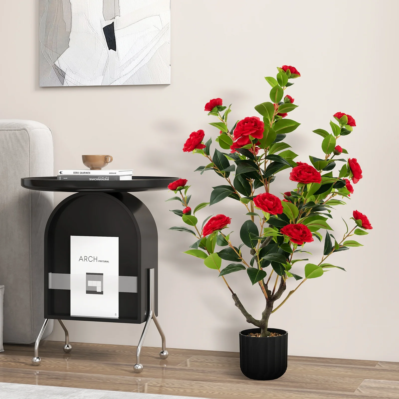 38 Inch Artificial Camellia Tree, Cement Pot, 2 Pack, Red - Image 2