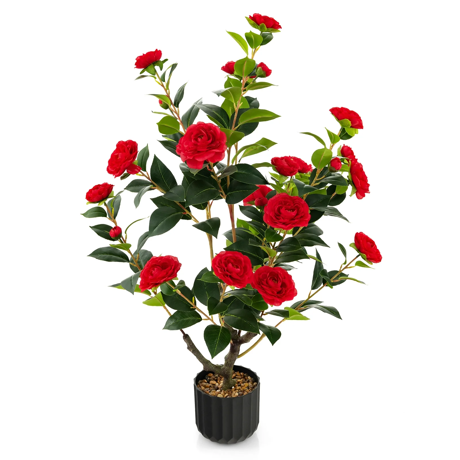38 Inch Artificial Camellia Tree, Cement Pot, 2 Pack, Red - Image 5