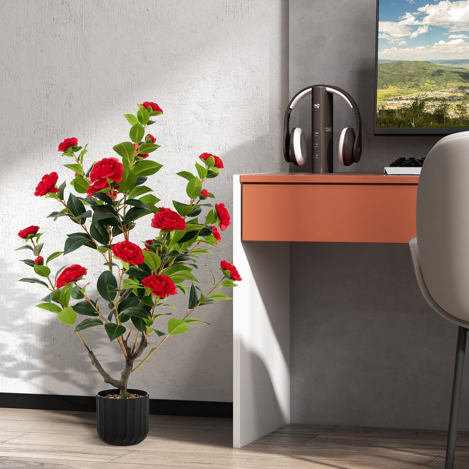38 Inch Artificial Camellia Tree, Cement Pot, 2 Pack, Red - Image 7