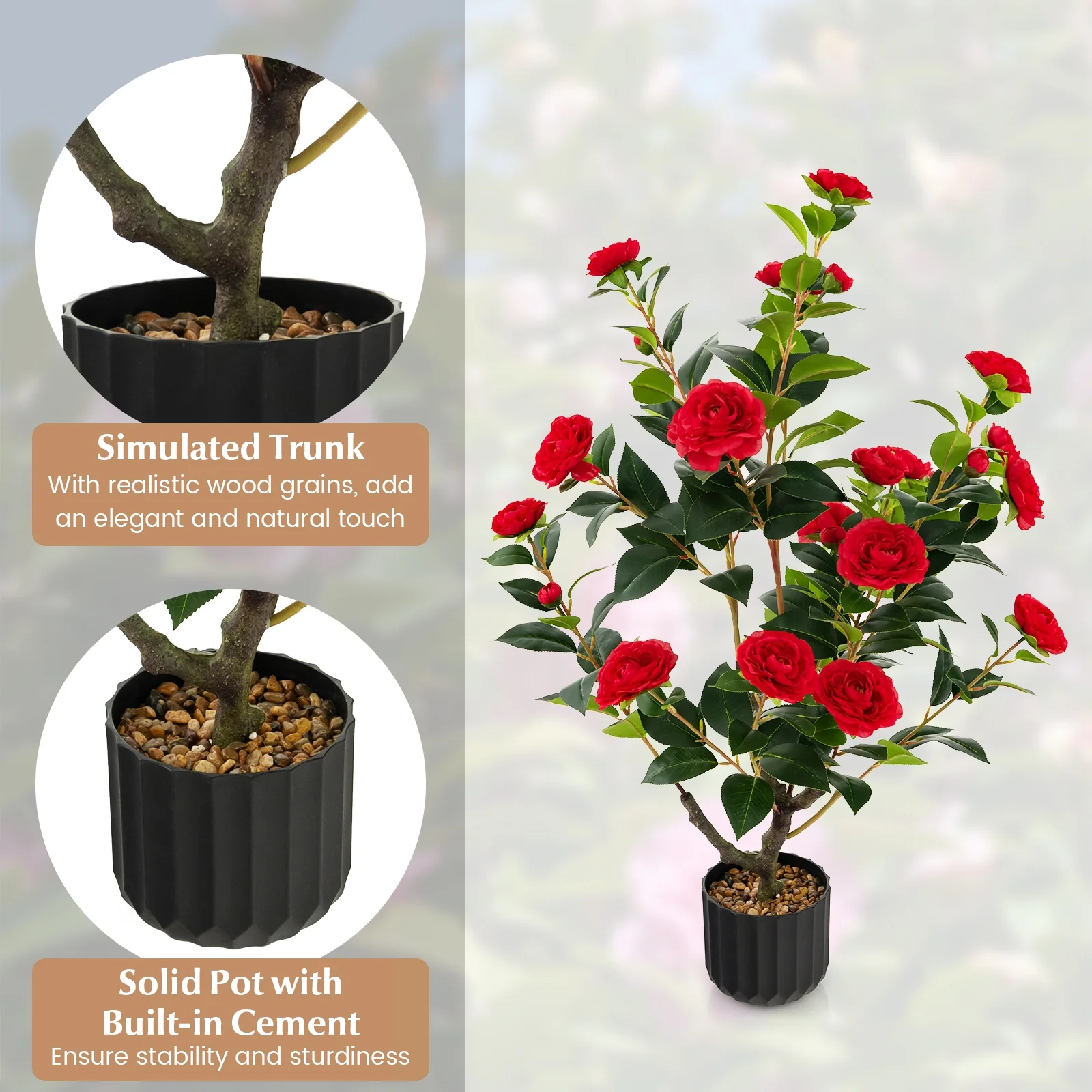 38 Inch Artificial Camellia Tree, Cement Pot, 2 Pack, Red - Image 8