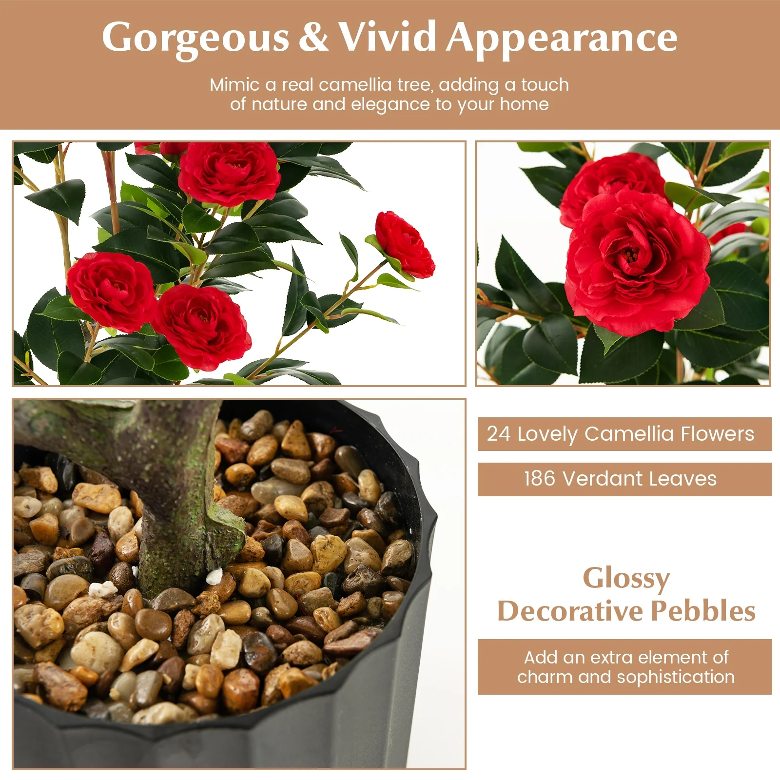 38 Inch Artificial Camellia Tree, Cement Pot, 2 Pack, Red - Image 9