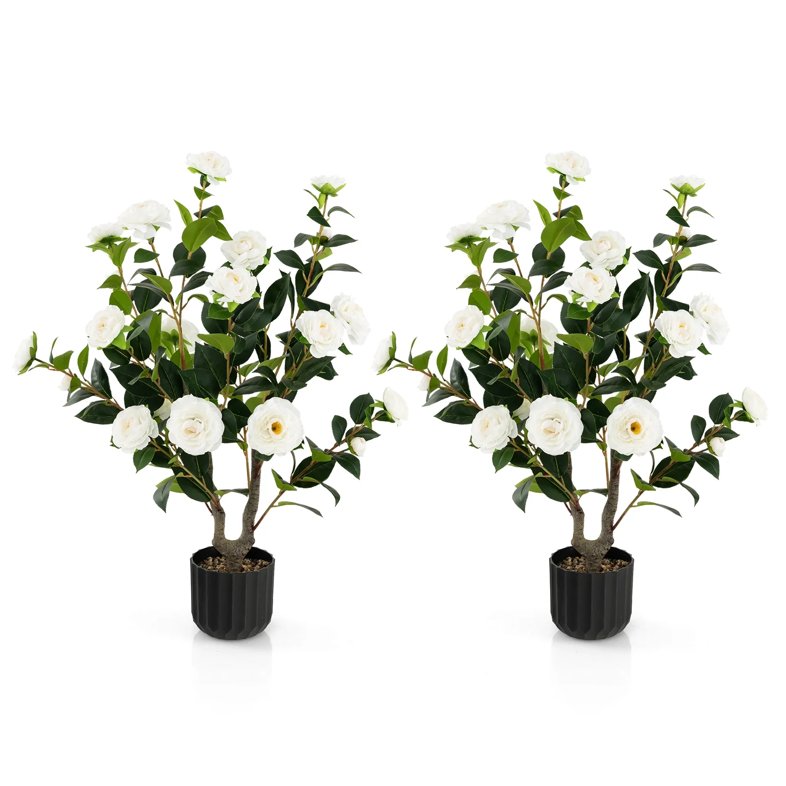 38 Inch Artificial Camellia Tree, Cement Pot, 2 Pack, White