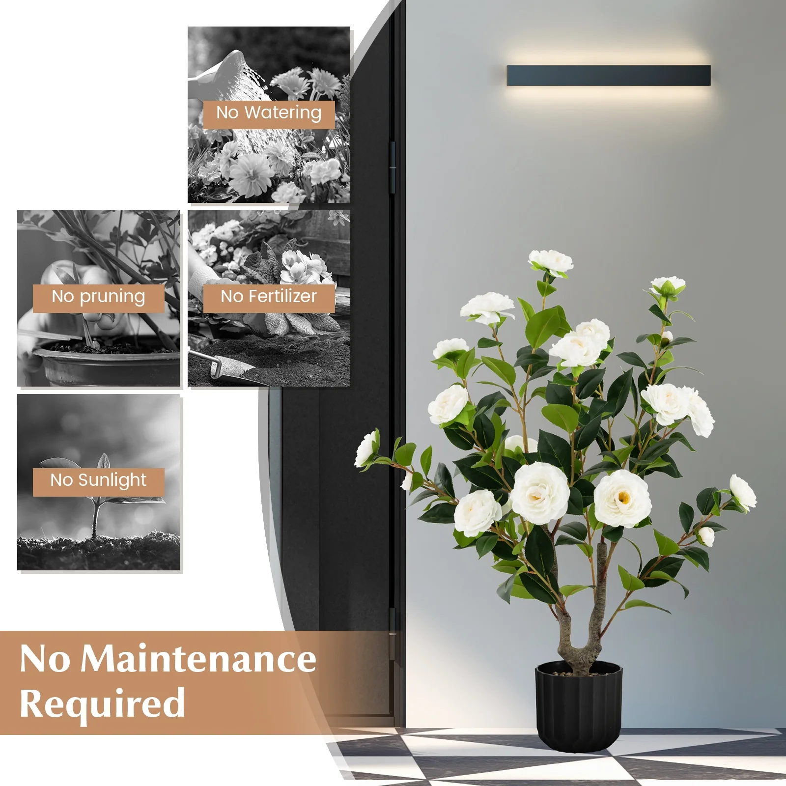 38 Inch Artificial Camellia Tree, Cement Pot, 2 Pack, White - Image 10