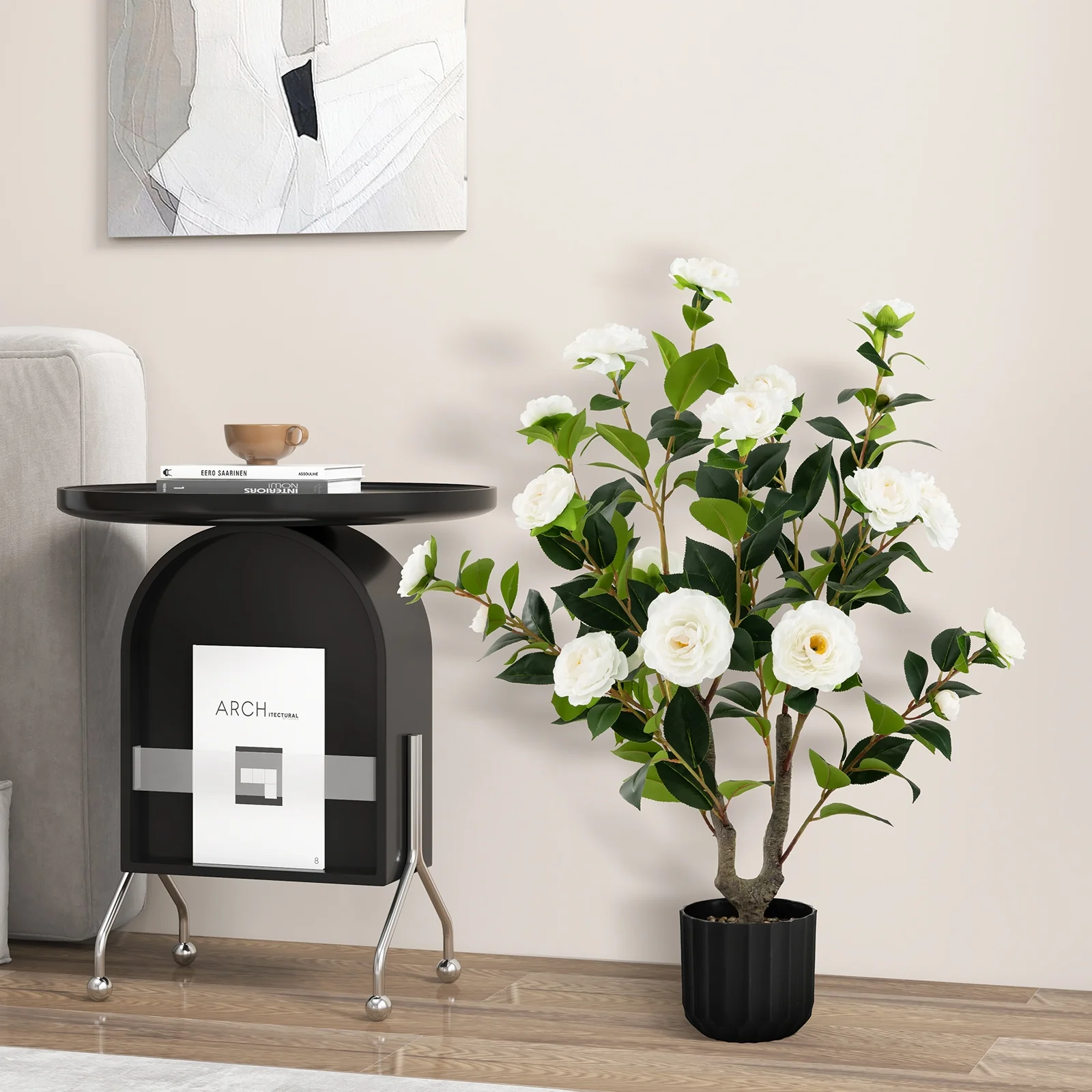 38 Inch Artificial Camellia Tree, Cement Pot, 2 Pack, White - Image 2