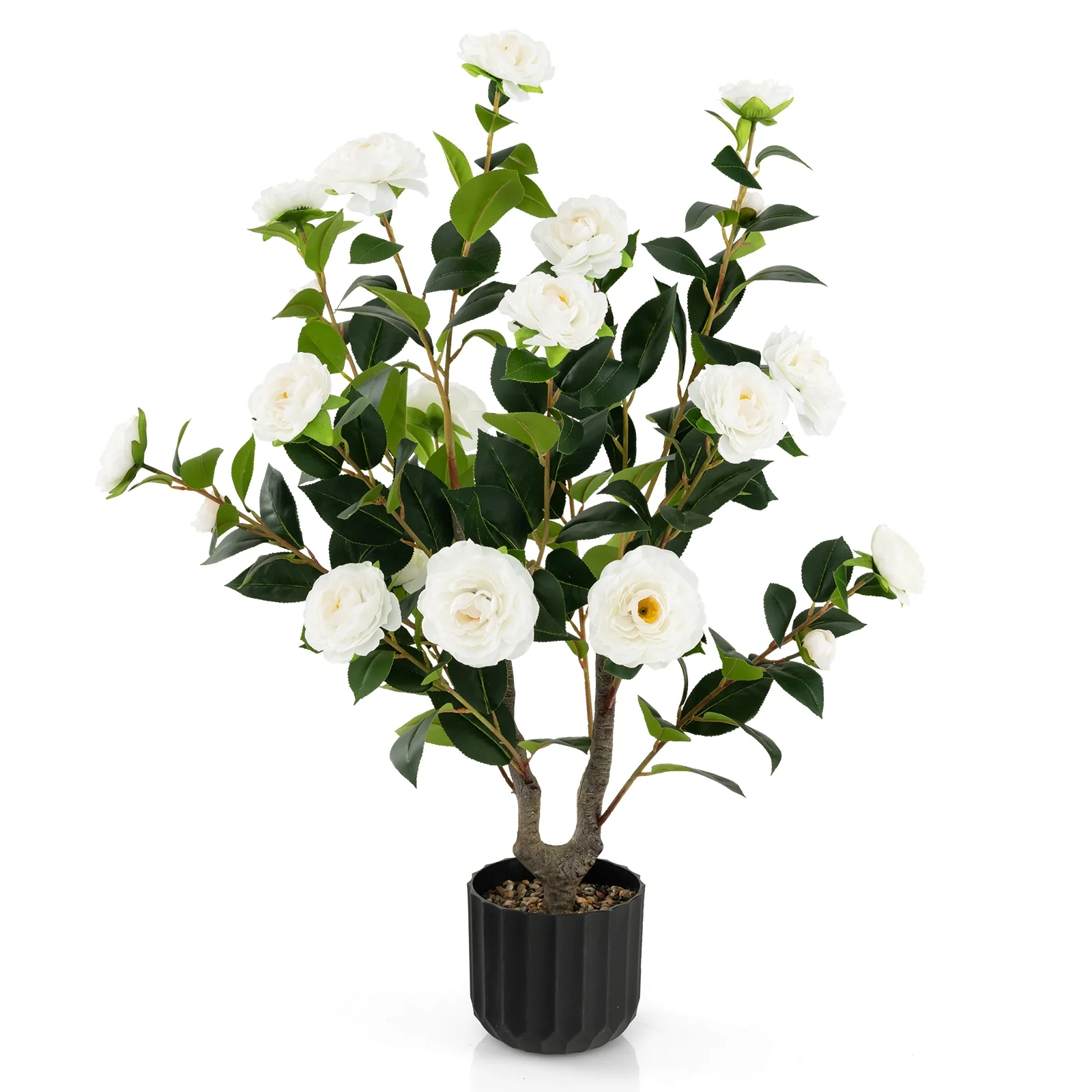 38 Inch Artificial Camellia Tree, Cement Pot, 2 Pack, White - Image 5