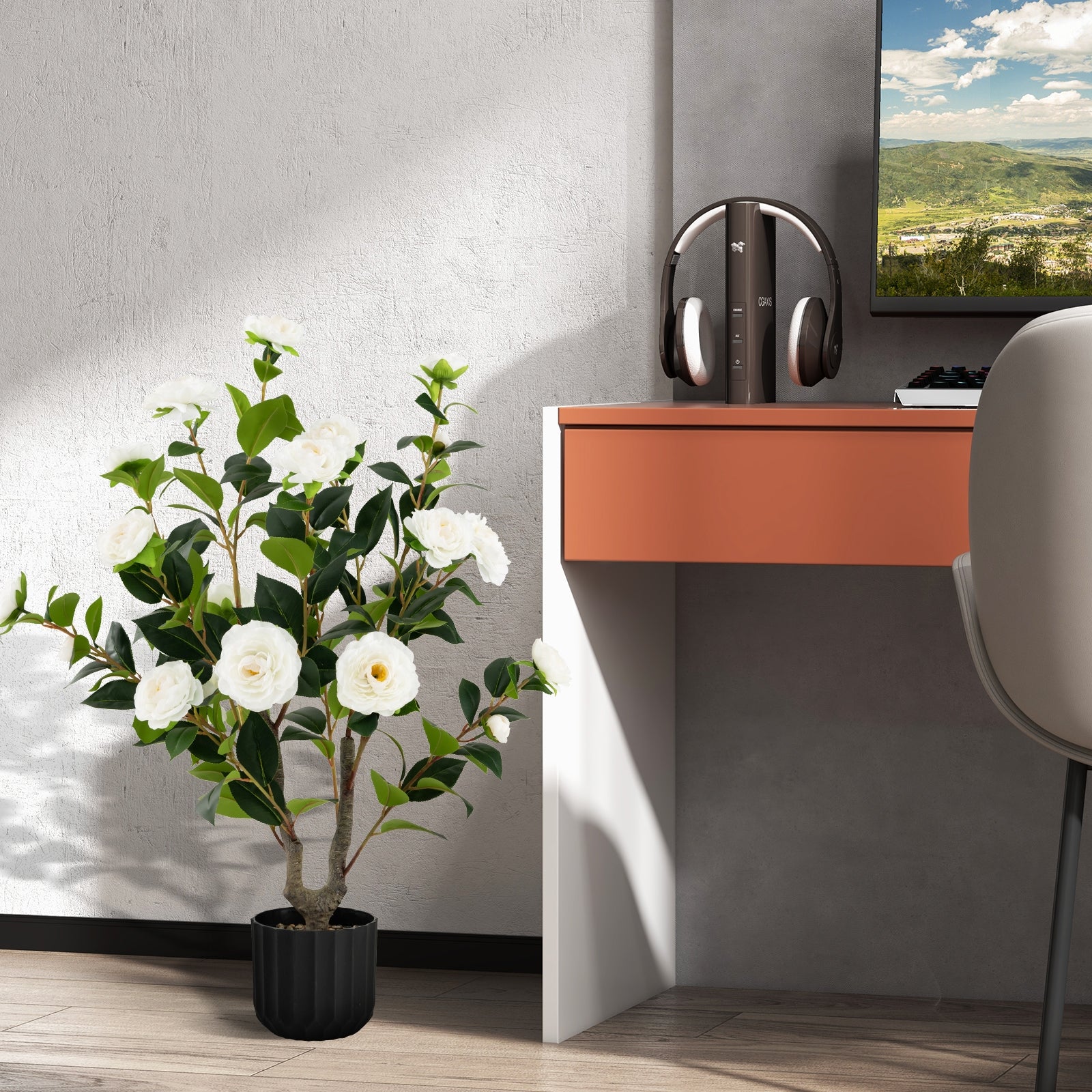 38 Inch Artificial Camellia Tree, Cement Pot, 2 Pack, White - Image 7
