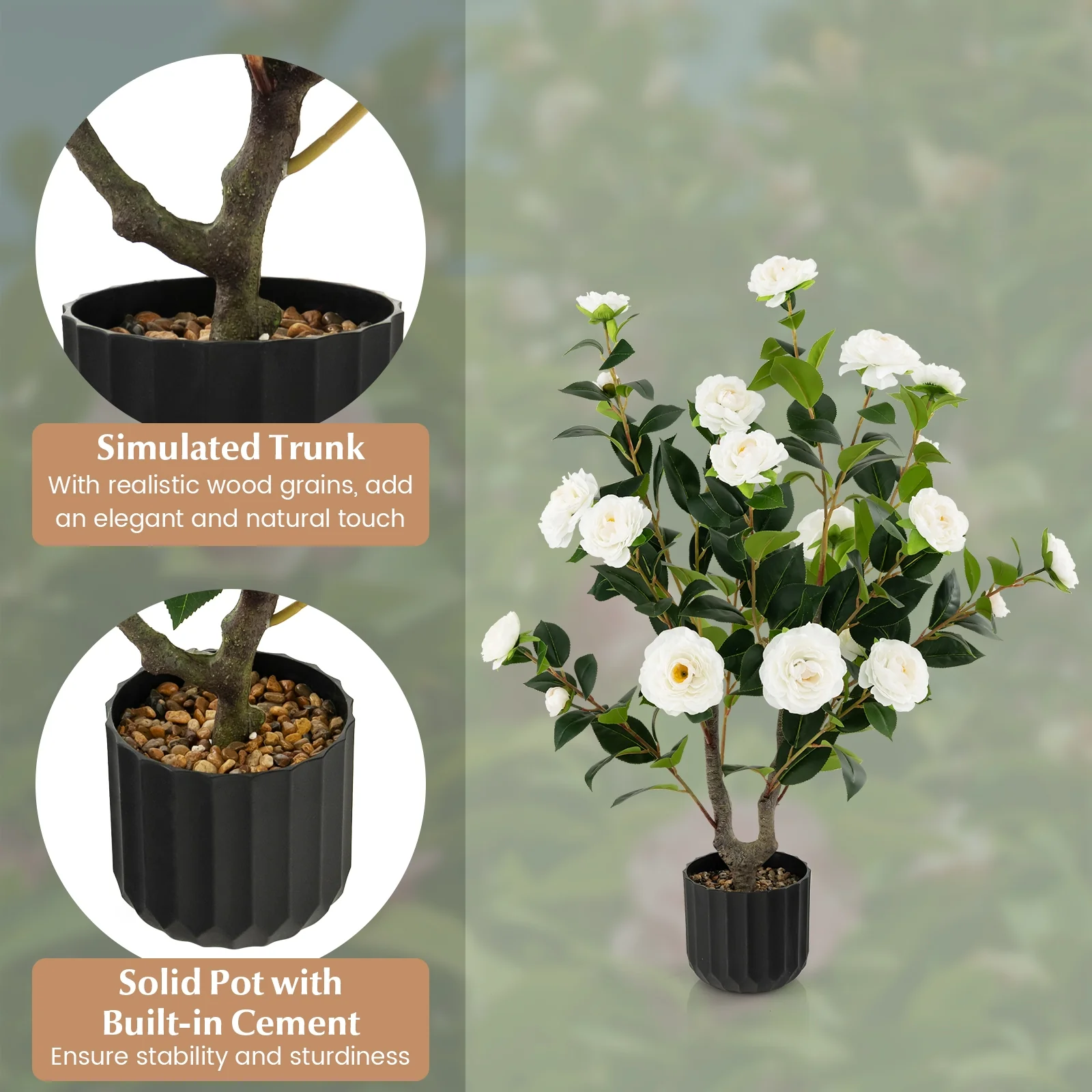 38 Inch Artificial Camellia Tree, Cement Pot, 2 Pack, White - Image 8